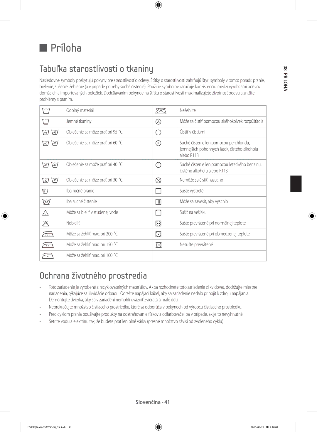 Samsung WF90F5E3U4W/ZE, WF90F5EBU4W/ZE manual Príloha, Tabuľka starostlivosti o tkaniny, Ochrana životného prostredia 