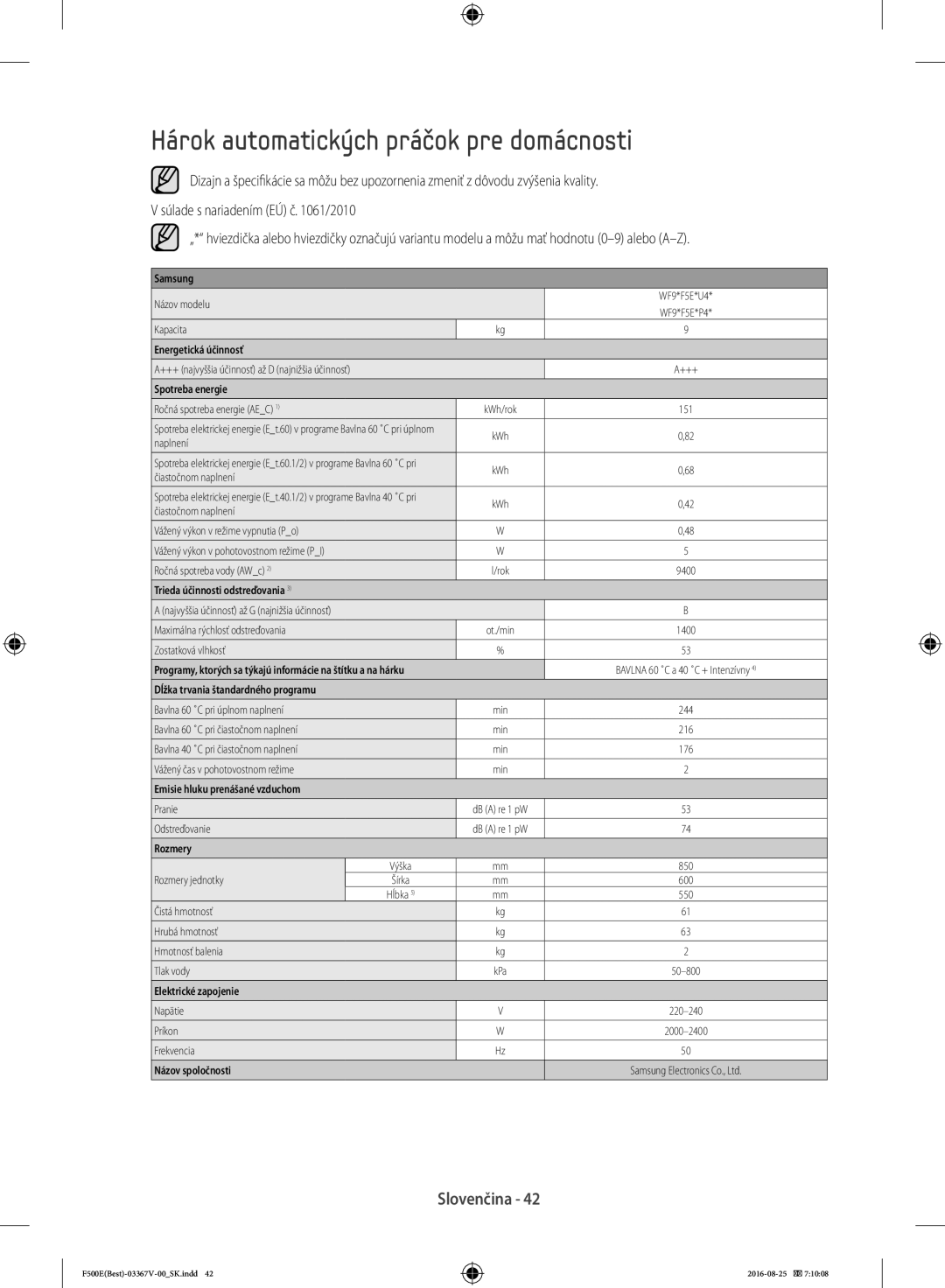 Samsung WF90F5EBU4W/ZE, WF90F5E3U4W/ZE manual Hárok automatických práčok pre domácnosti, Spotreba energie 