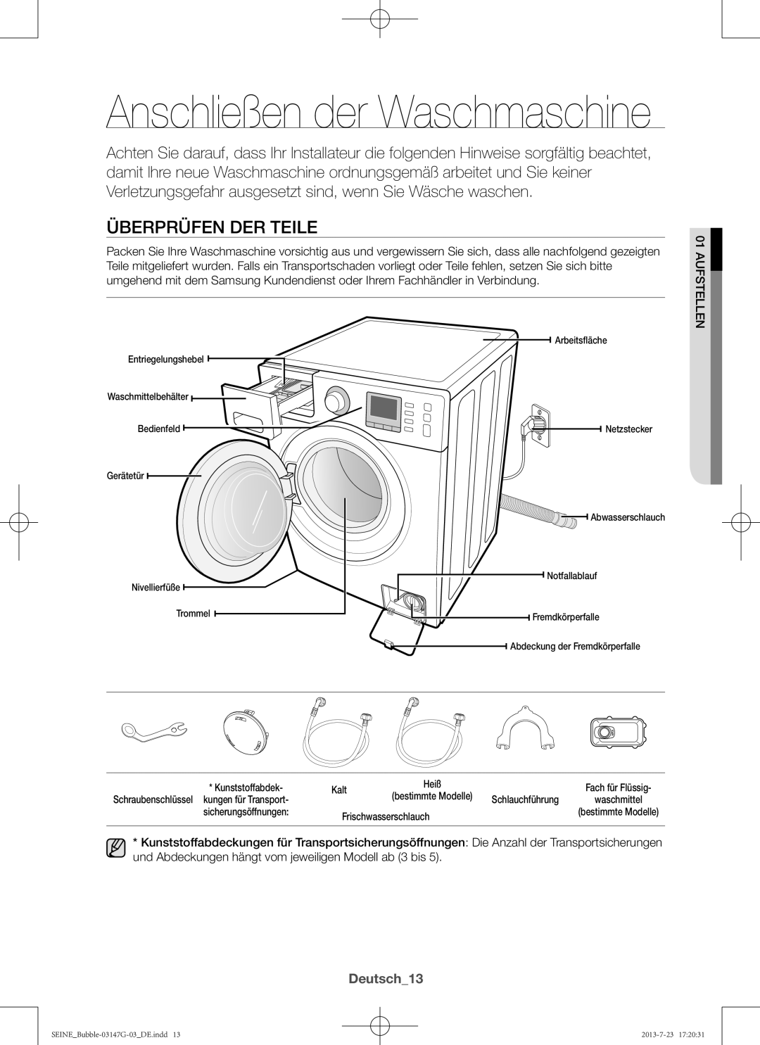 Samsung WF816P4SAWQ/EN, WF916P4SAWQ/EN manual Überprüfen der Teile, Deutsch13, Aufstellen 