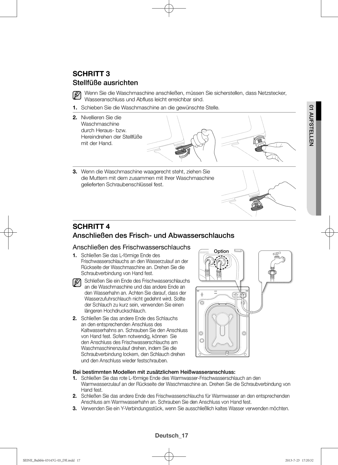 Samsung WF816P4SAWQ/EN, WF916P4SAWQ/EN manual Stellfüße ausrichten, Anschließen des Frisch- und Abwasserschlauchs, Deutsch17 