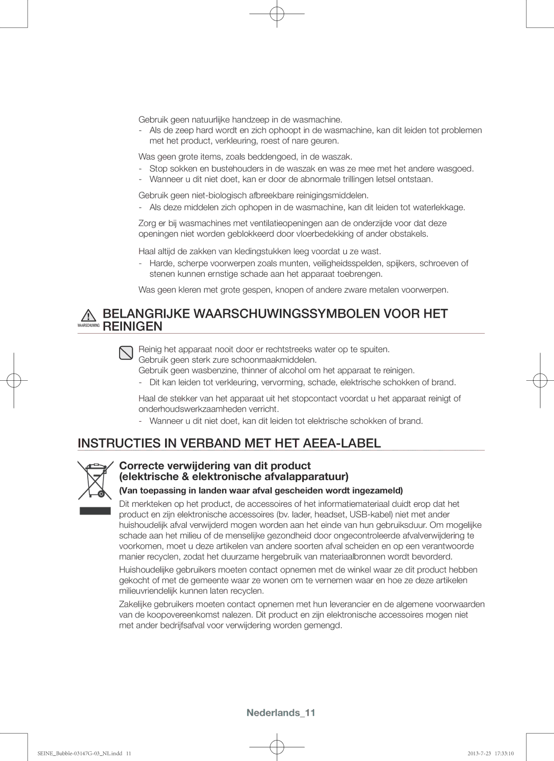 Samsung WF816P4SAWQ/EN, WF916P4SAWQ/EN manual Instructies in verband met het AEEA-label, Nederlands11 