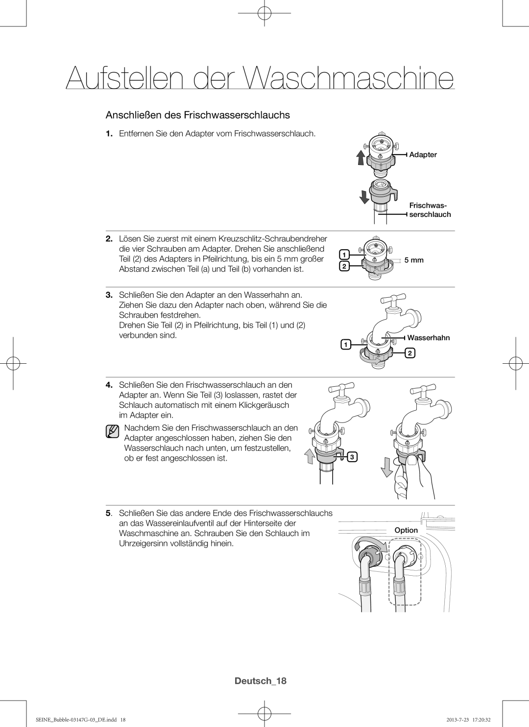 Samsung WF916P4SAWQ/EN, WF816P4SAWQ/EN manual Deutsch18, Entfernen Sie den Adapter vom Frischwasserschlauch 