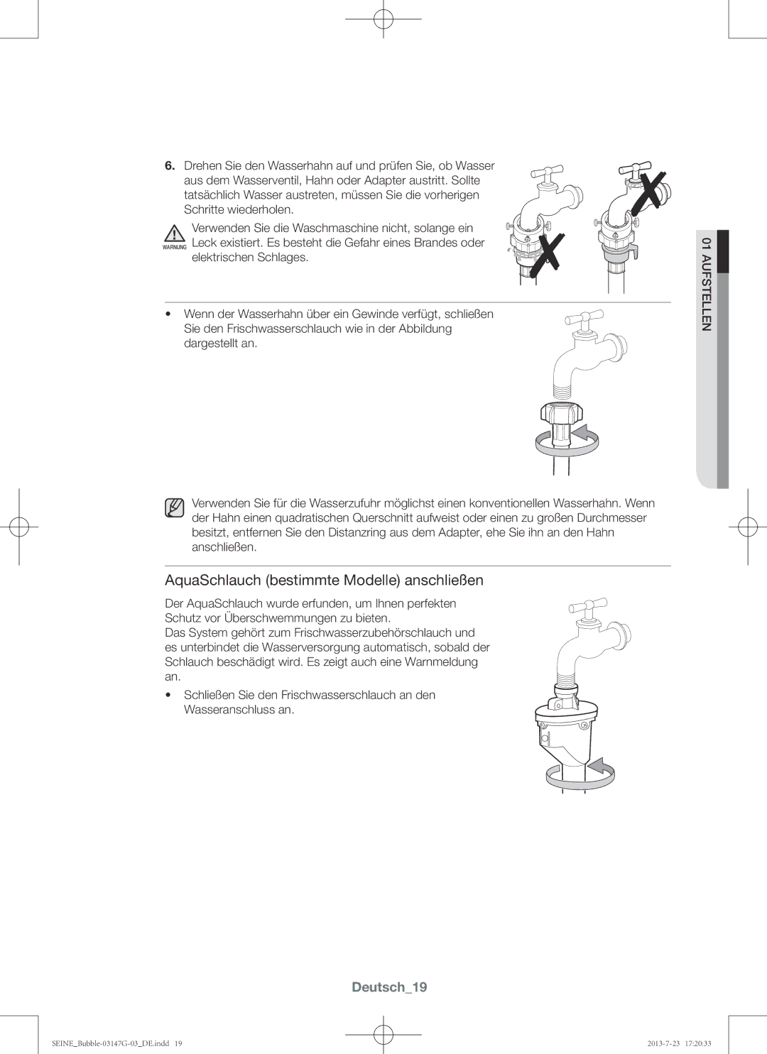 Samsung WF816P4SAWQ/EN, WF916P4SAWQ/EN manual AquaSchlauch bestimmte Modelle anschließen, Deutsch19 