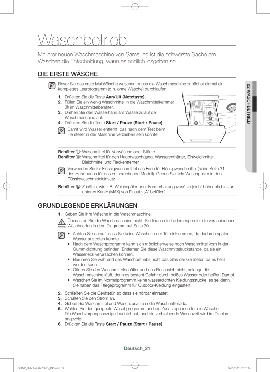 Samsung WF816P4SAWQ/EN, WF916P4SAWQ/EN manual Waschbetrieb, Die erste Wäsche, Grundlegende Erklärungen, Deutsch21 