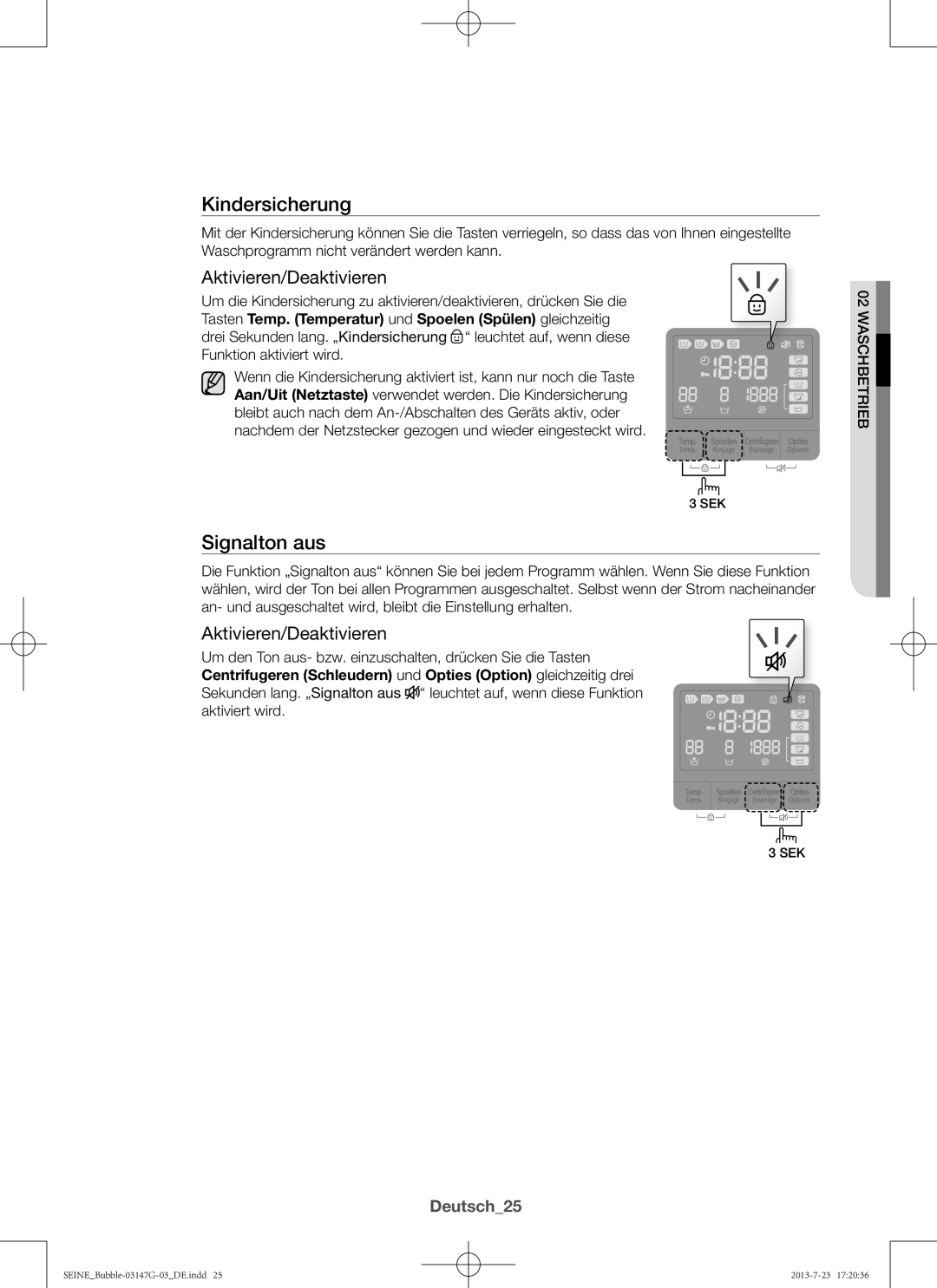 Samsung WF816P4SAWQ/EN, WF916P4SAWQ/EN manual Signalton aus, Aktivieren/Deaktivieren, Deutsch25 