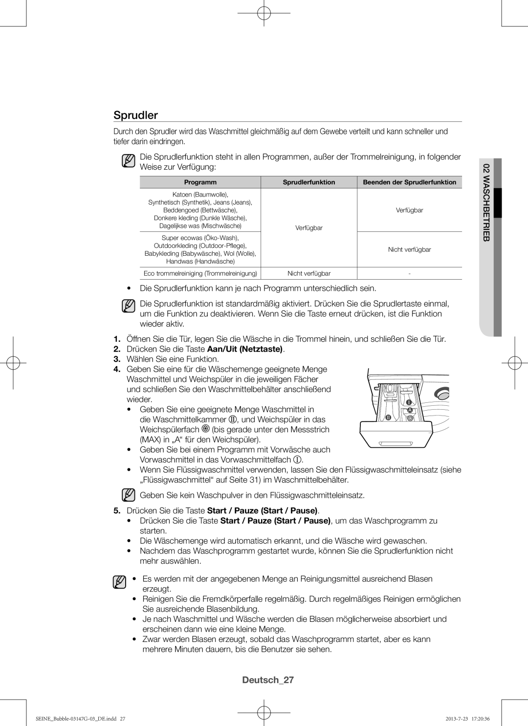 Samsung WF816P4SAWQ/EN, WF916P4SAWQ/EN Sprudler, Deutsch27, Geben Sie kein Waschpulver in den Flüssigwaschmitteleinsatz 