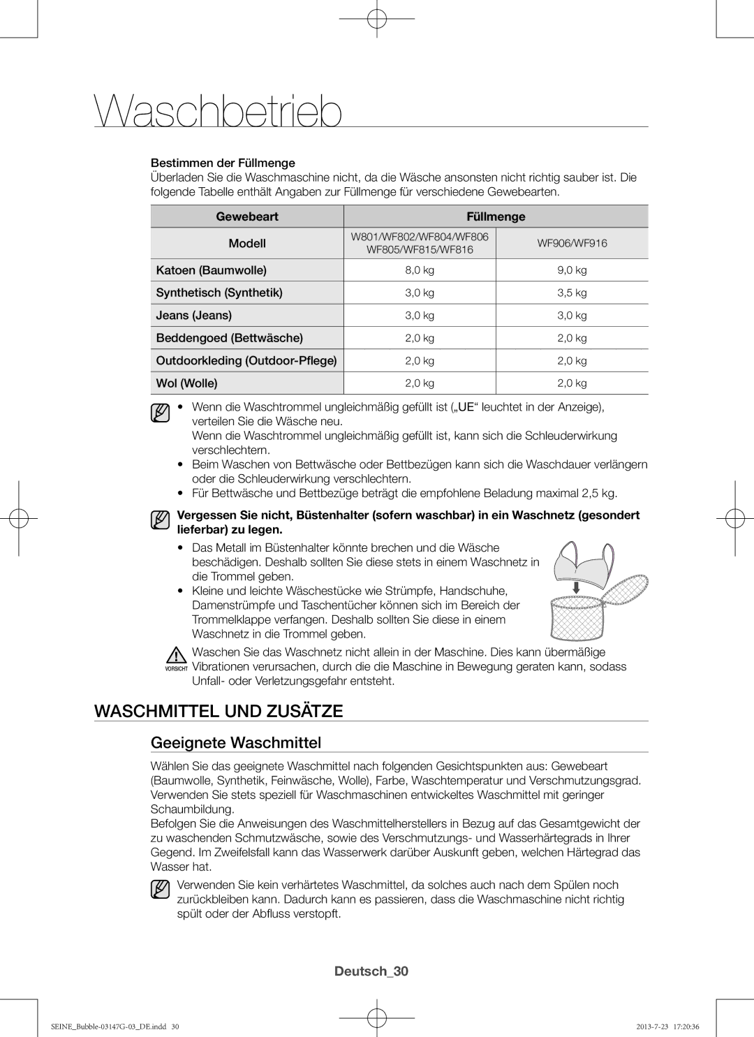 Samsung WF916P4SAWQ/EN, WF816P4SAWQ/EN manual Waschmittel und Zusätze, Geeignete Waschmittel, Deutsch30, Gewebeart Füllmenge 