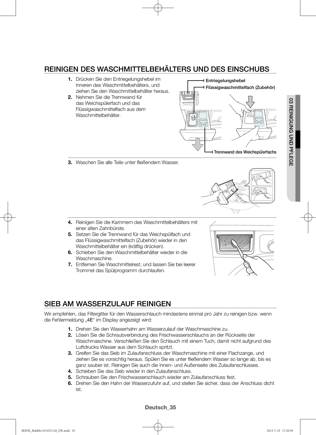 Samsung WF816P4SAWQ/EN manual Reinigen des Waschmittelbehälters und des Einschubs, Sieb am Wasserzulauf reinigen, Deutsch35 