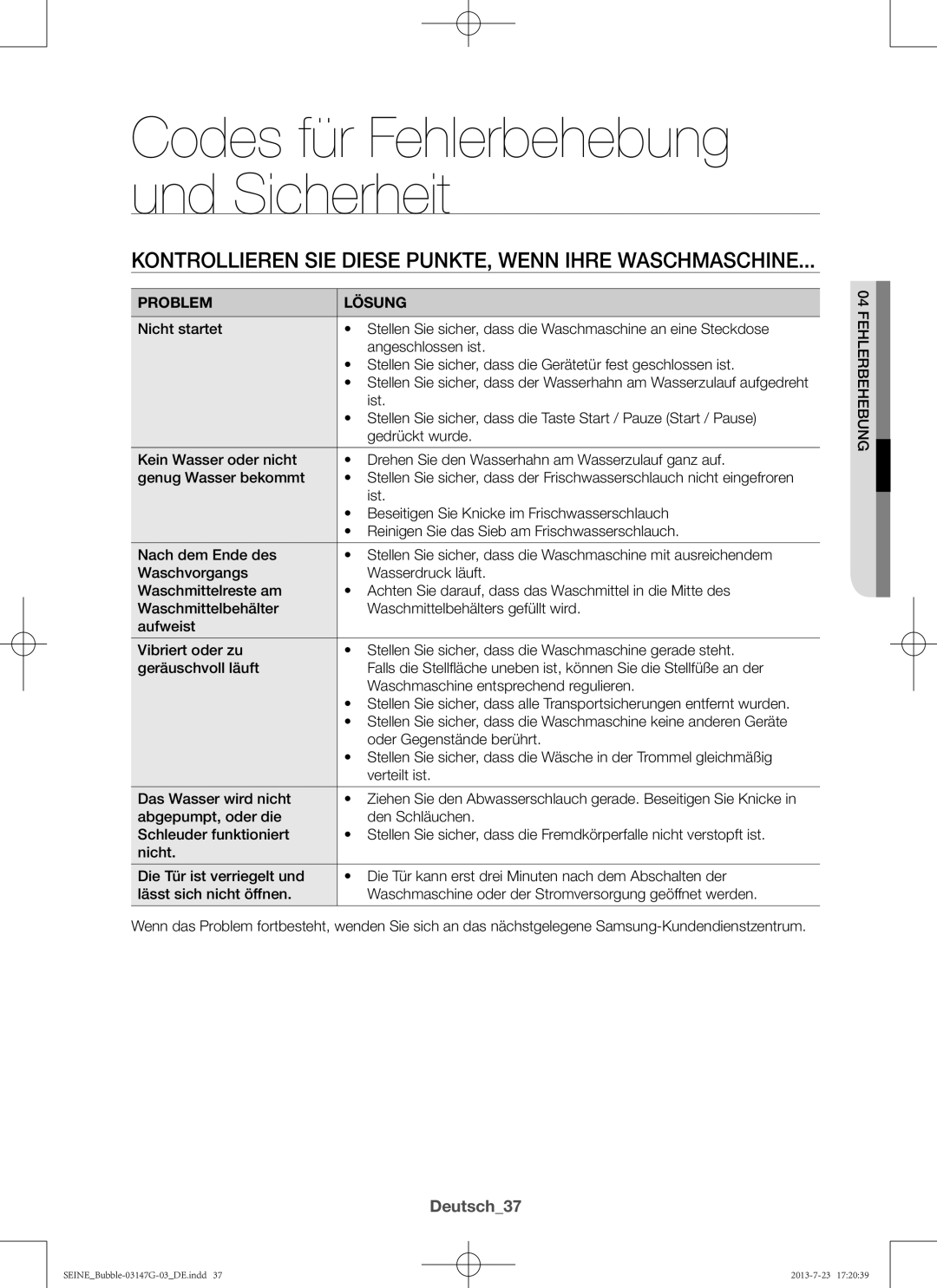 Samsung WF816P4SAWQ/EN manual Kontrollieren Sie diese Punkte, wenn Ihre Waschmaschine, Deutsch37, Problem Lösung, Ist 