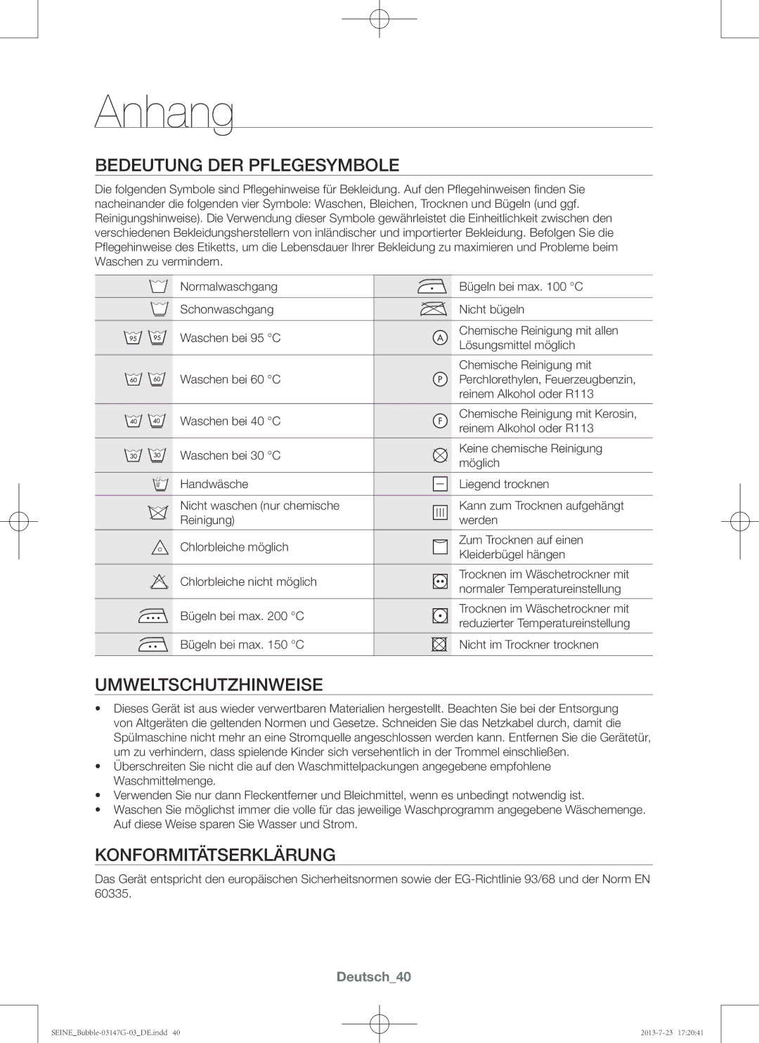 Samsung WF916P4SAWQ/EN manual Anhang, Bedeutung der Pflegesymbole, Umweltschutzhinweise, Konformitätserklärung, Deutsch40 