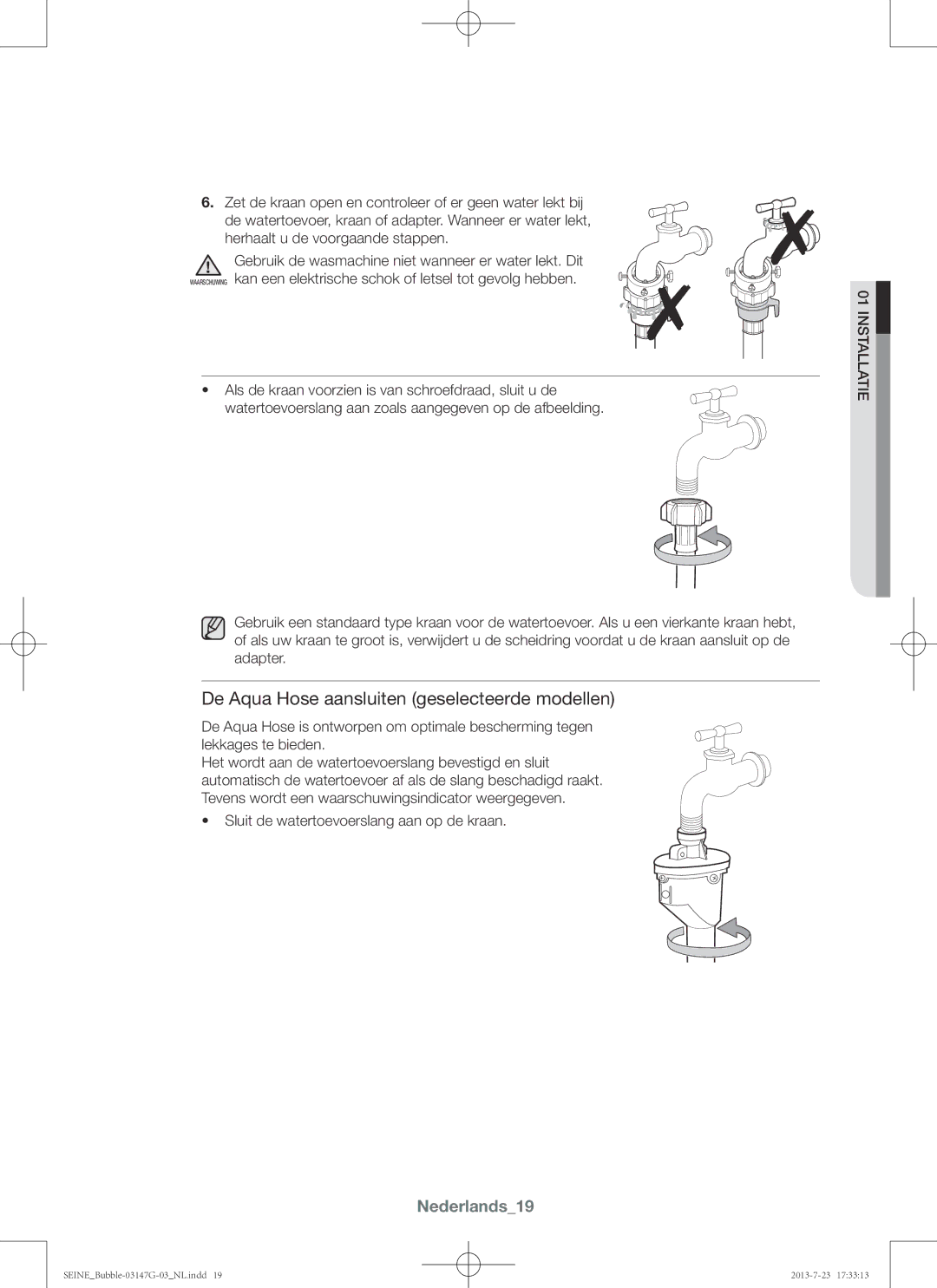 Samsung WF816P4SAWQ/EN, WF916P4SAWQ/EN manual De Aqua Hose aansluiten geselecteerde modellen, Nederlands19 