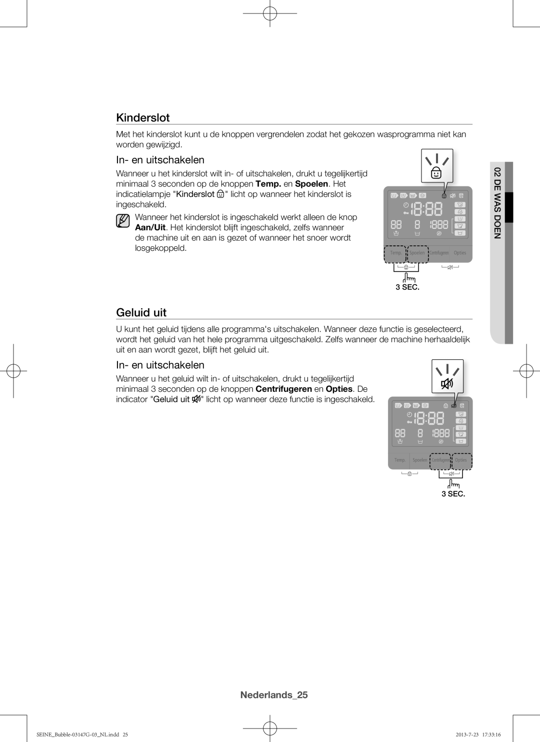 Samsung WF816P4SAWQ/EN, WF916P4SAWQ/EN manual Geluid uit, In- en uitschakelen, Nederlands25 