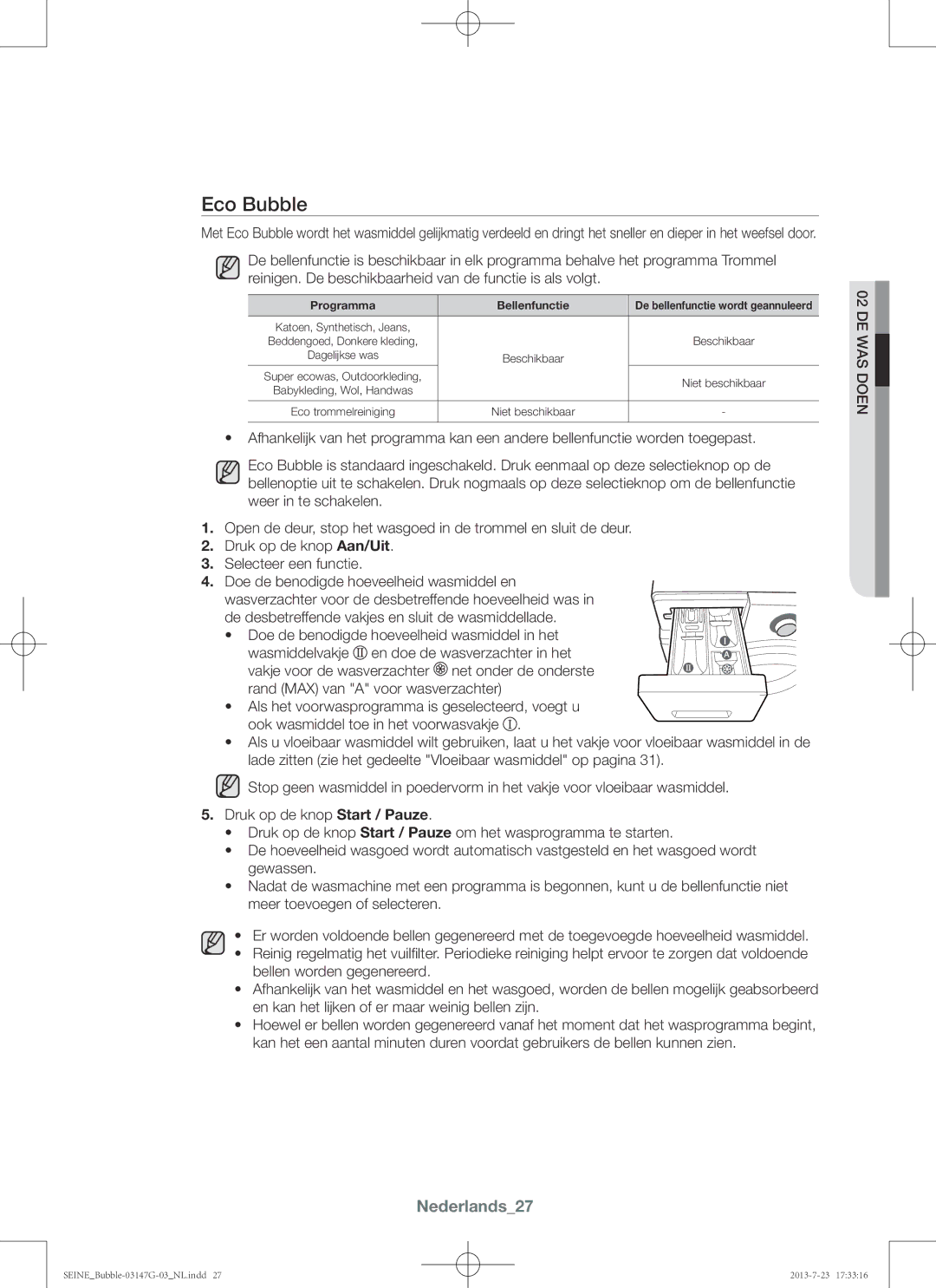 Samsung WF816P4SAWQ/EN, WF916P4SAWQ/EN manual Nederlands27, Programma Bellenfunctie 