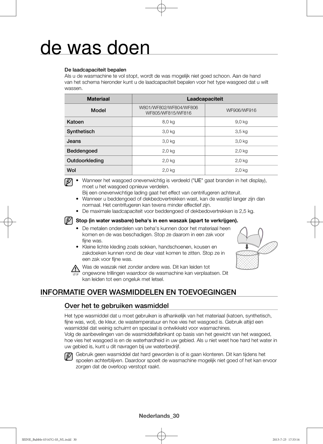 Samsung WF916P4SAWQ/EN Informatie over wasmiddelen en toevoegingen, Over het te gebruiken wasmiddel, Nederlands30, Model 