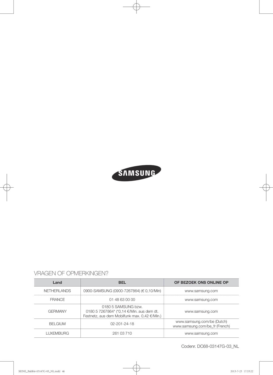 Samsung WF916P4SAWQ/EN, WF816P4SAWQ/EN manual Vragen of OPMERKINGEN? 