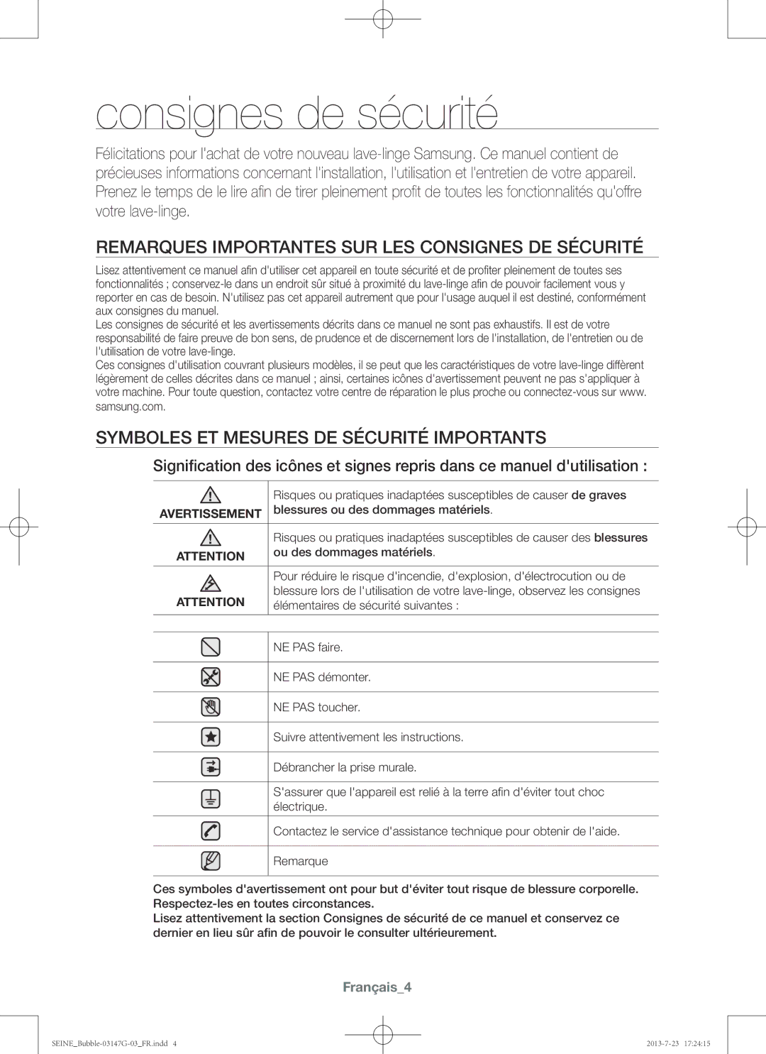 Samsung WF916P4SAWQ/EN manual Consignes de sécurité, Remarques importantes sur les consignes de sécurité, Français4 