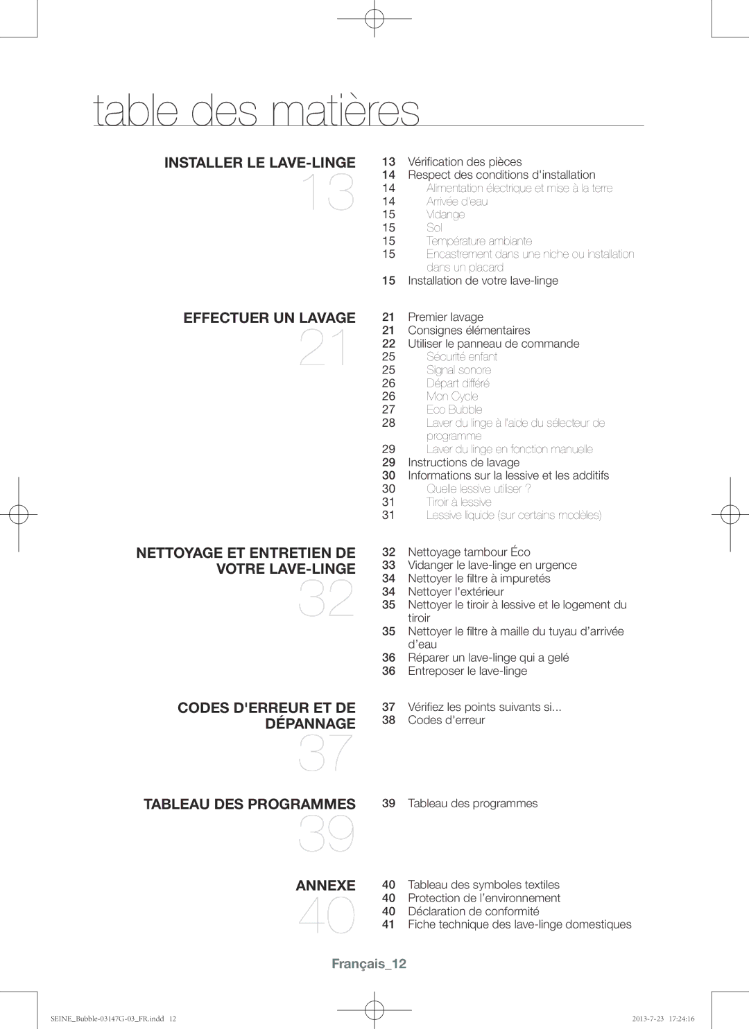 Samsung WF916P4SAWQ/EN manual Table des matières, Français12, Tableau des symboles textiles, Protection de l’environnement 