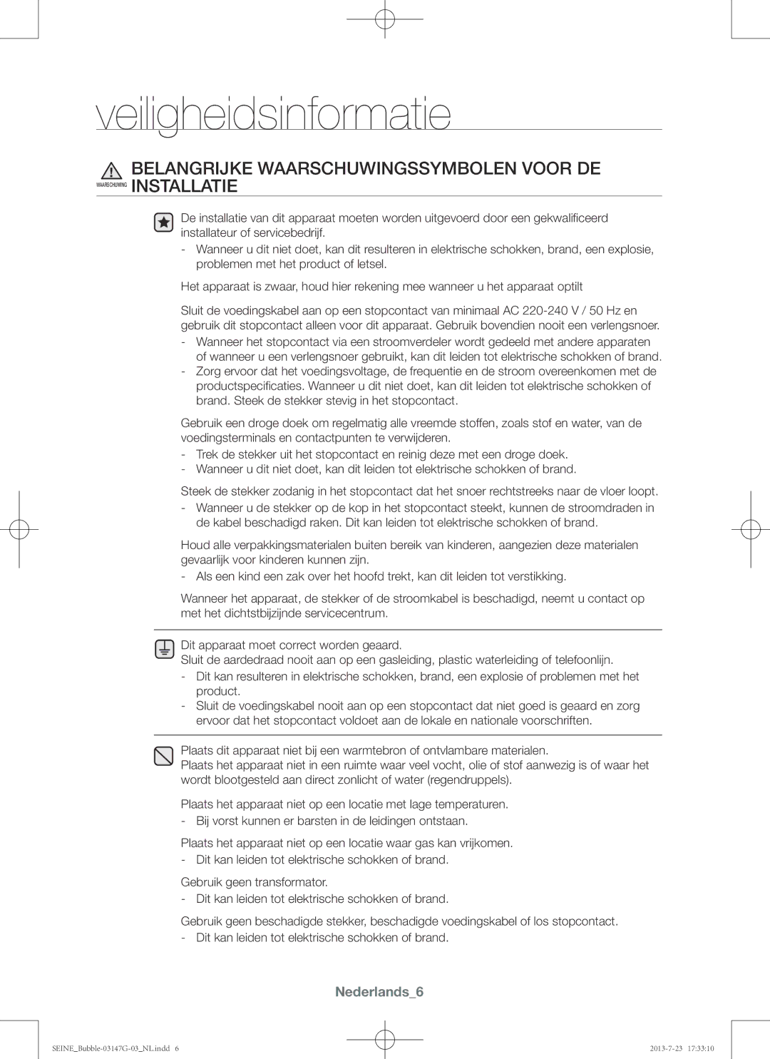 Samsung WF916P4SAWQ/EN, WF816P4SAWQ/EN manual Belangrijke Waarschuwingssymbolen Voor DE, Nederlands6 