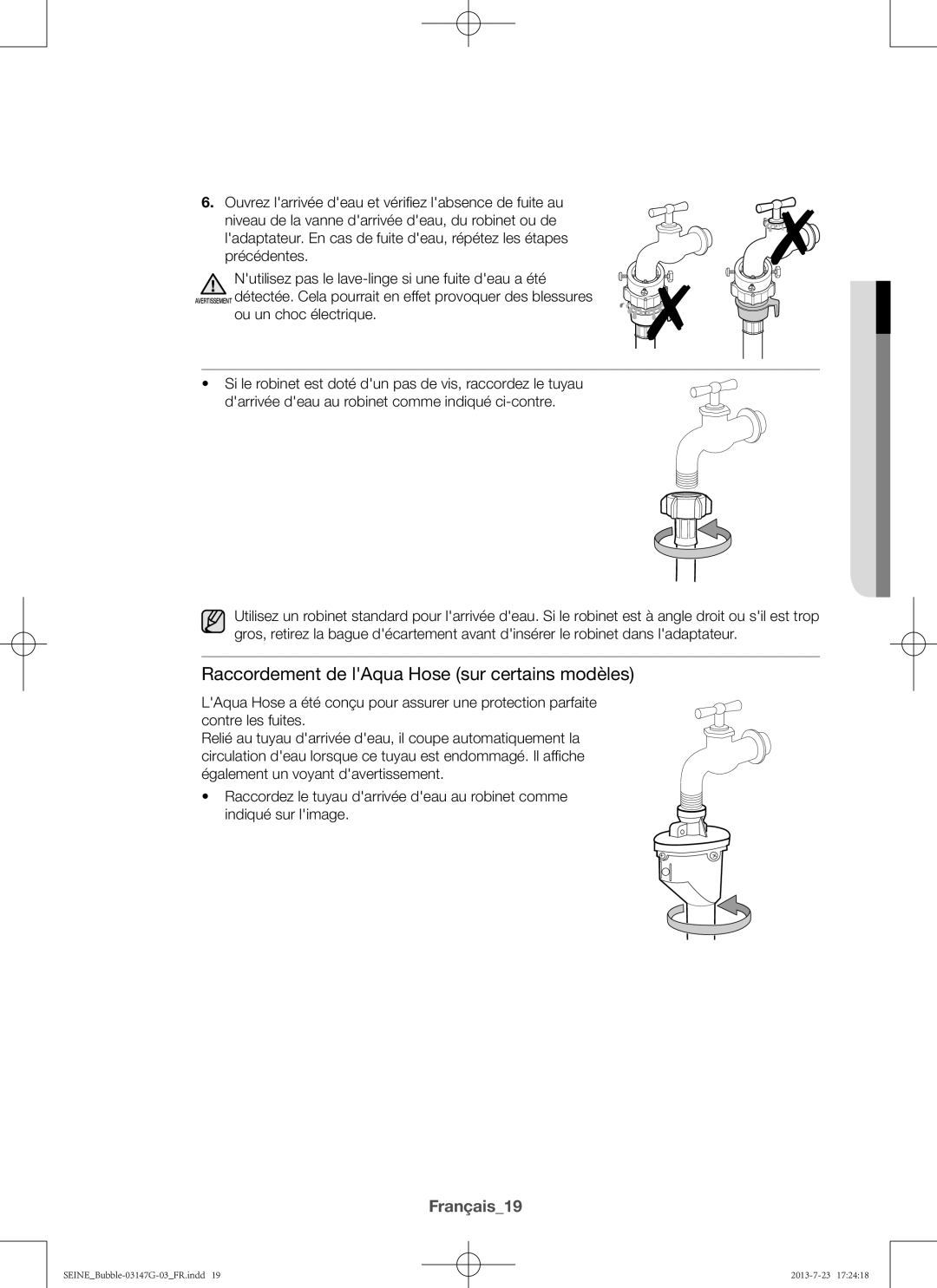 Samsung WF816P4SAWQ/EN manual Raccordement de lAqua Hose sur certains modèles, Français19, Provoquer des blessures 