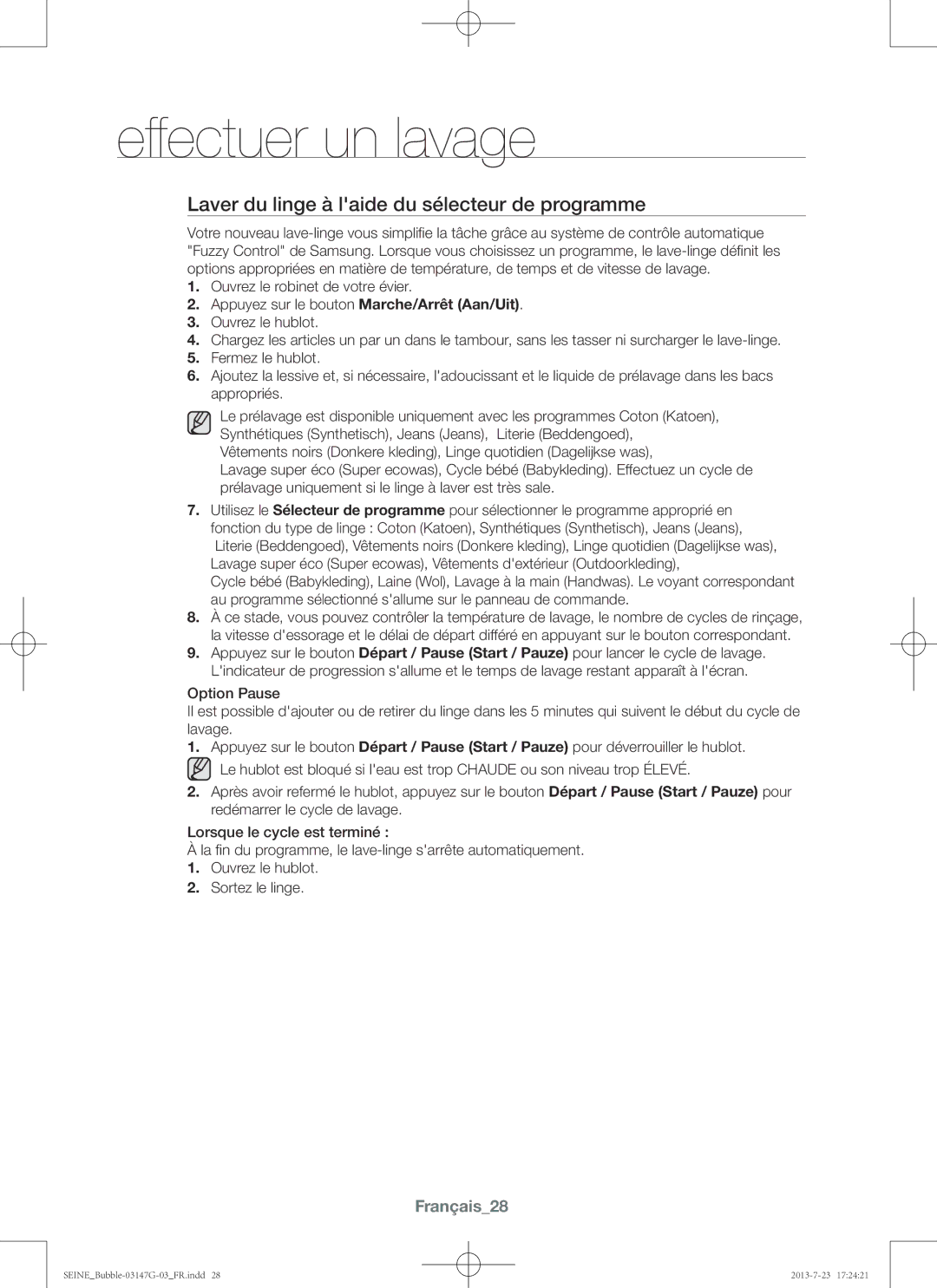 Samsung WF916P4SAWQ/EN, WF816P4SAWQ/EN manual Laver du linge à laide du sélecteur de programme, Français28 