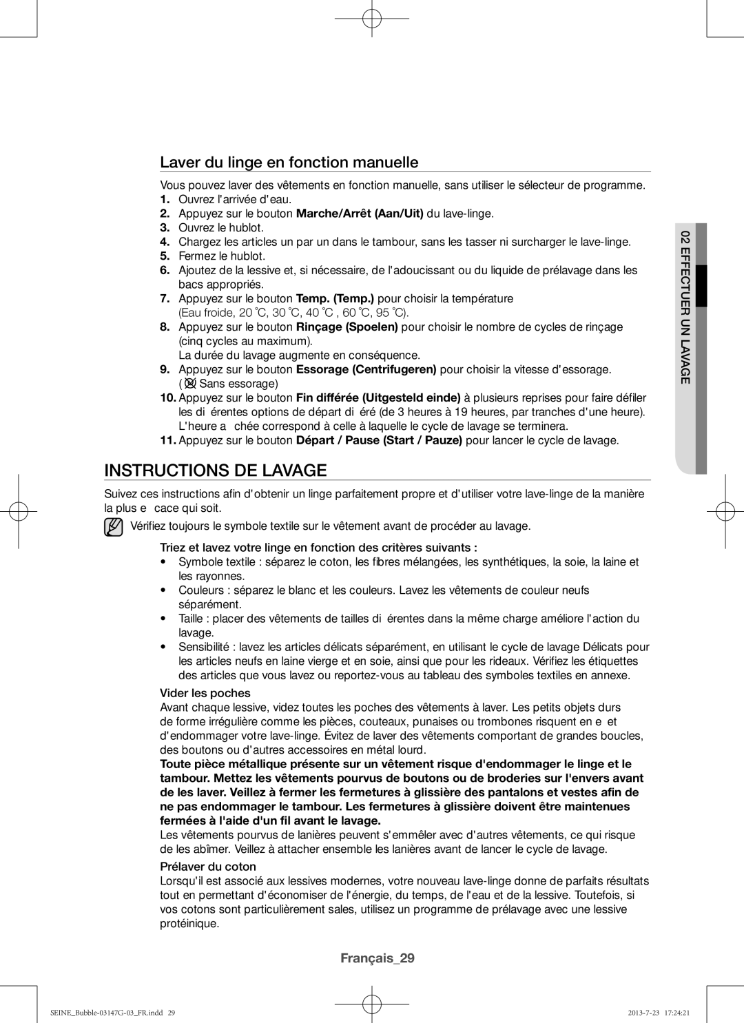 Samsung WF816P4SAWQ/EN, WF916P4SAWQ/EN manual Instructions de lavage, Laver du linge en fonction manuelle, Français29 