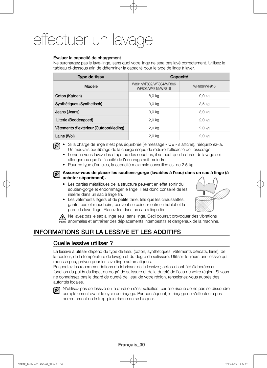 Samsung WF916P4SAWQ/EN, WF816P4SAWQ/EN Informations sur la lessive et les additifs, Quelle lessive utiliser ?, Français30 