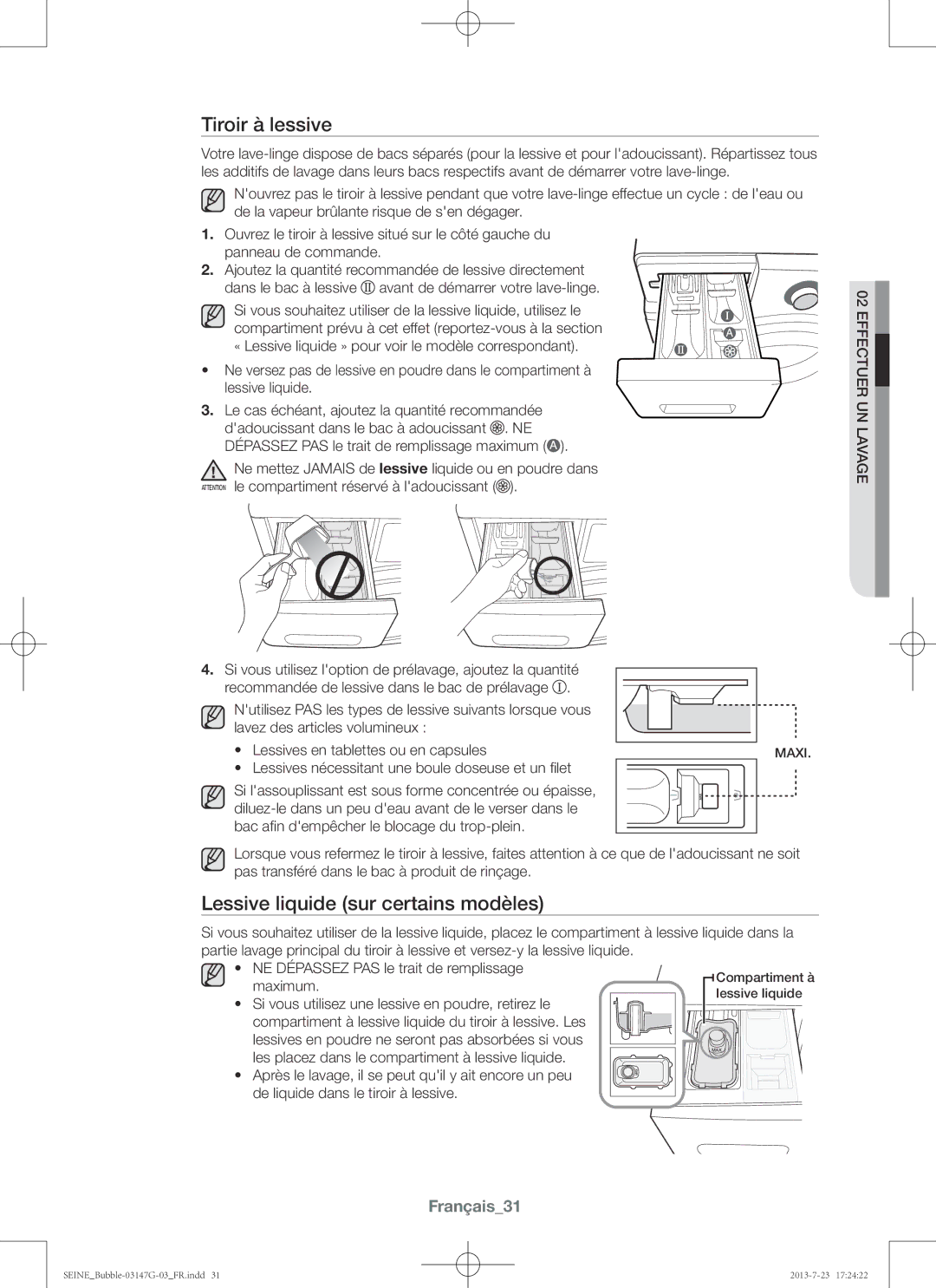 Samsung WF816P4SAWQ/EN, WF916P4SAWQ/EN manual Tiroir à lessive, Lessive liquide sur certains modèles, Français31 