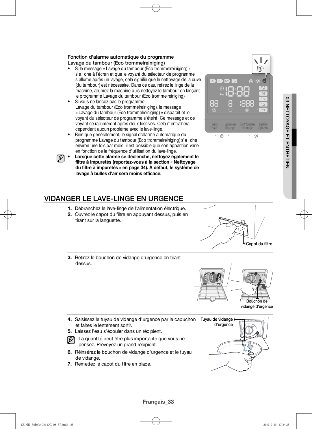 Samsung WF816P4SAWQ/EN manual Vidanger le lave-linge en urgence, Français33, Lavage à bulles dair sera moins efficace 