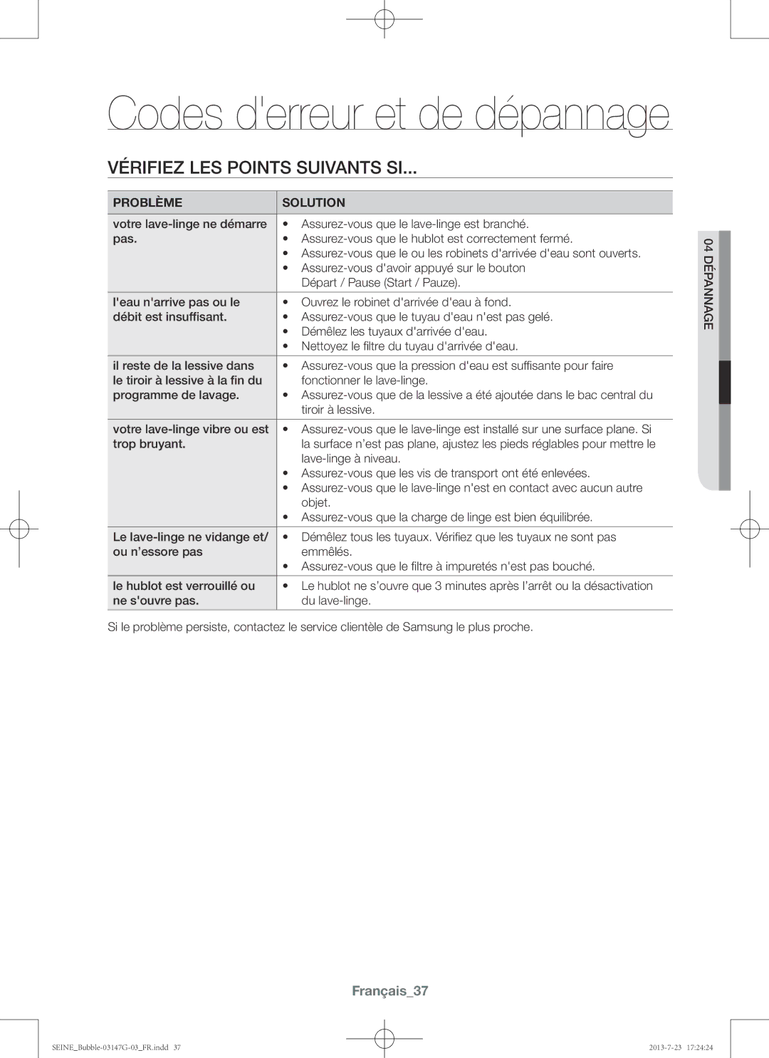 Samsung WF816P4SAWQ/EN, WF916P4SAWQ/EN manual Vérifiez les points suivants si, Français37, Problème Solution 