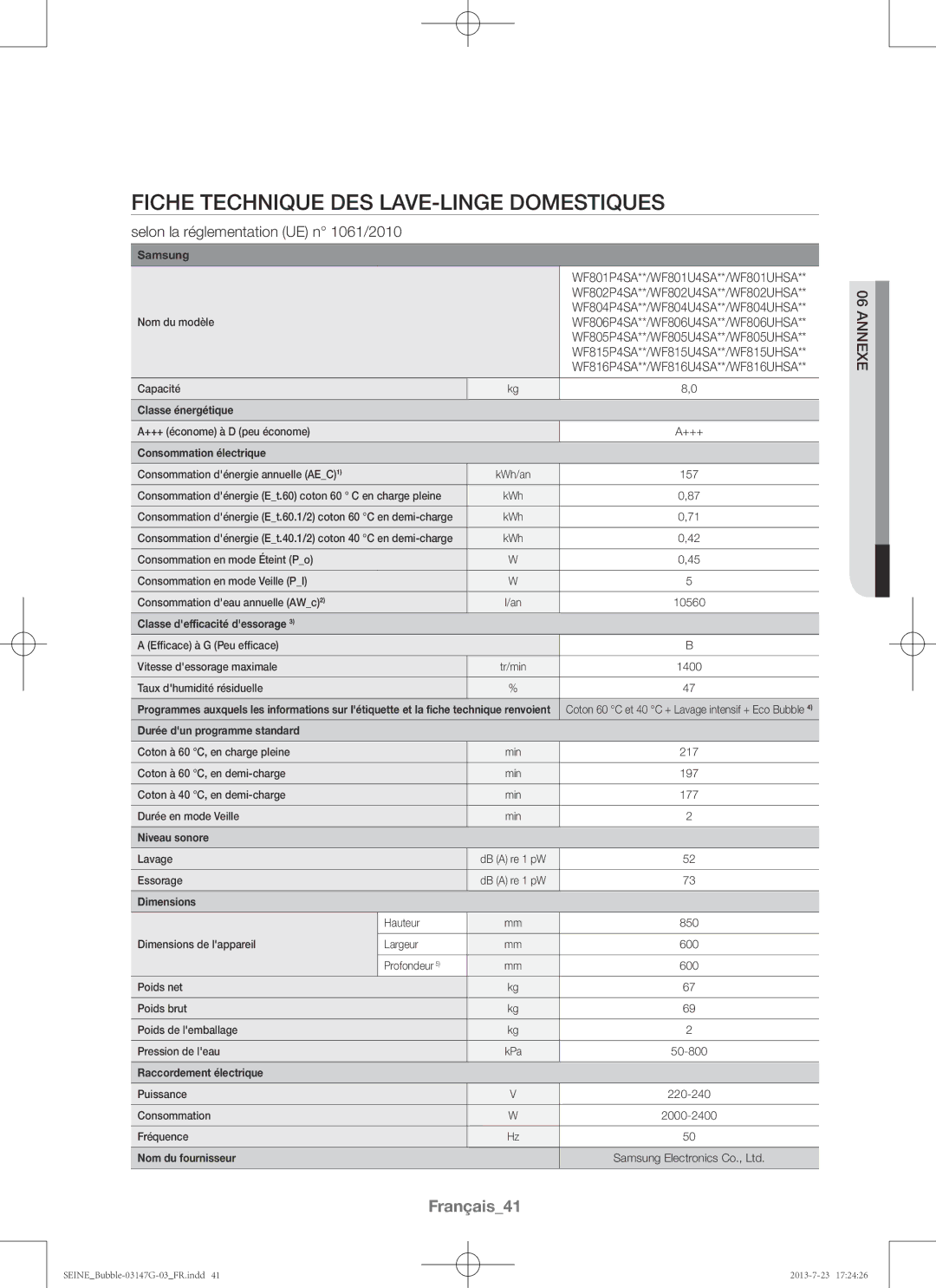 Samsung WF816P4SAWQ/EN Fiche technique des lave-linge domestiques, Français41, Selon la réglementation UE n 1061/2010 