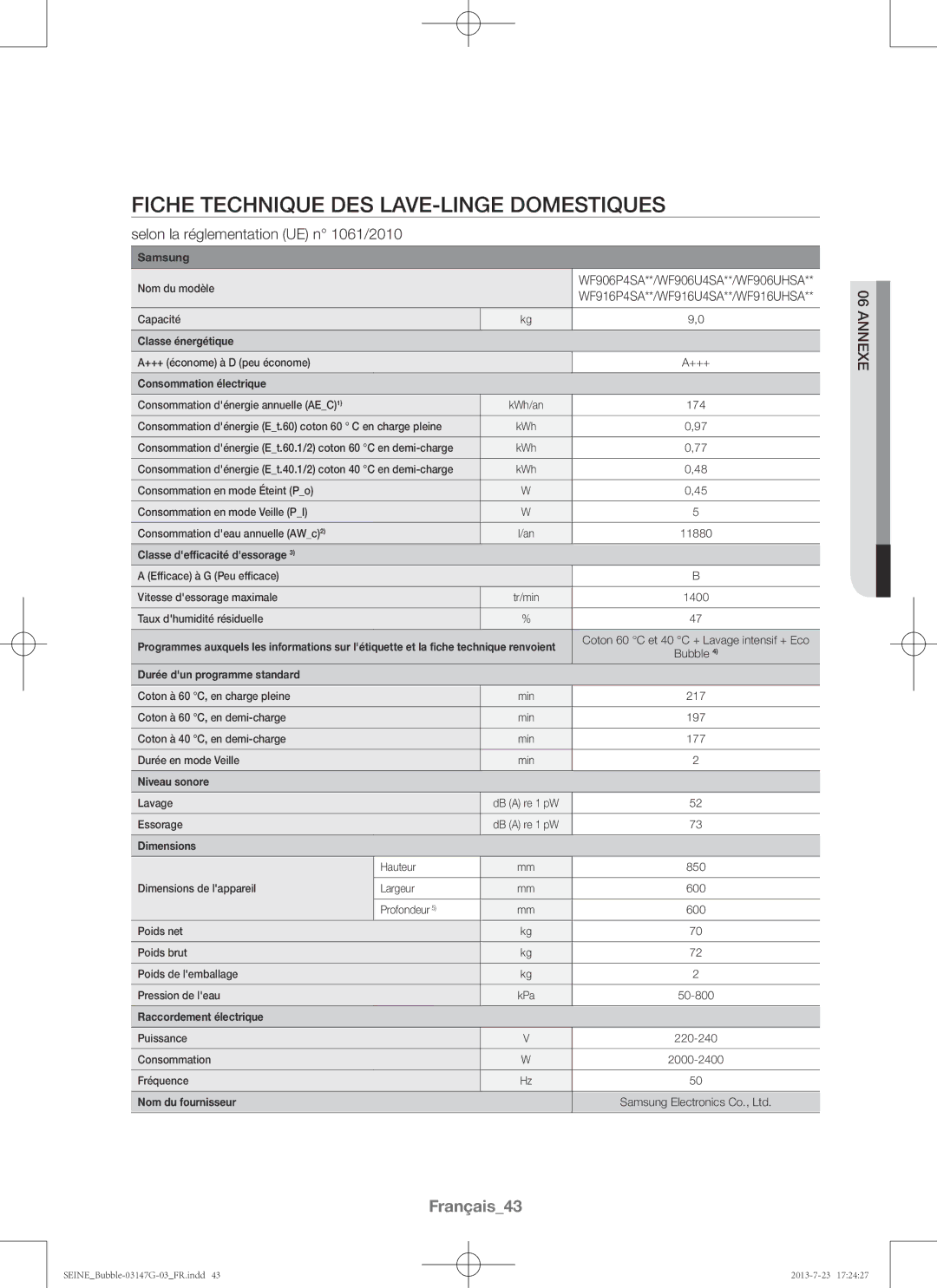 Samsung WF816P4SAWQ/EN, WF916P4SAWQ/EN manual Français43 