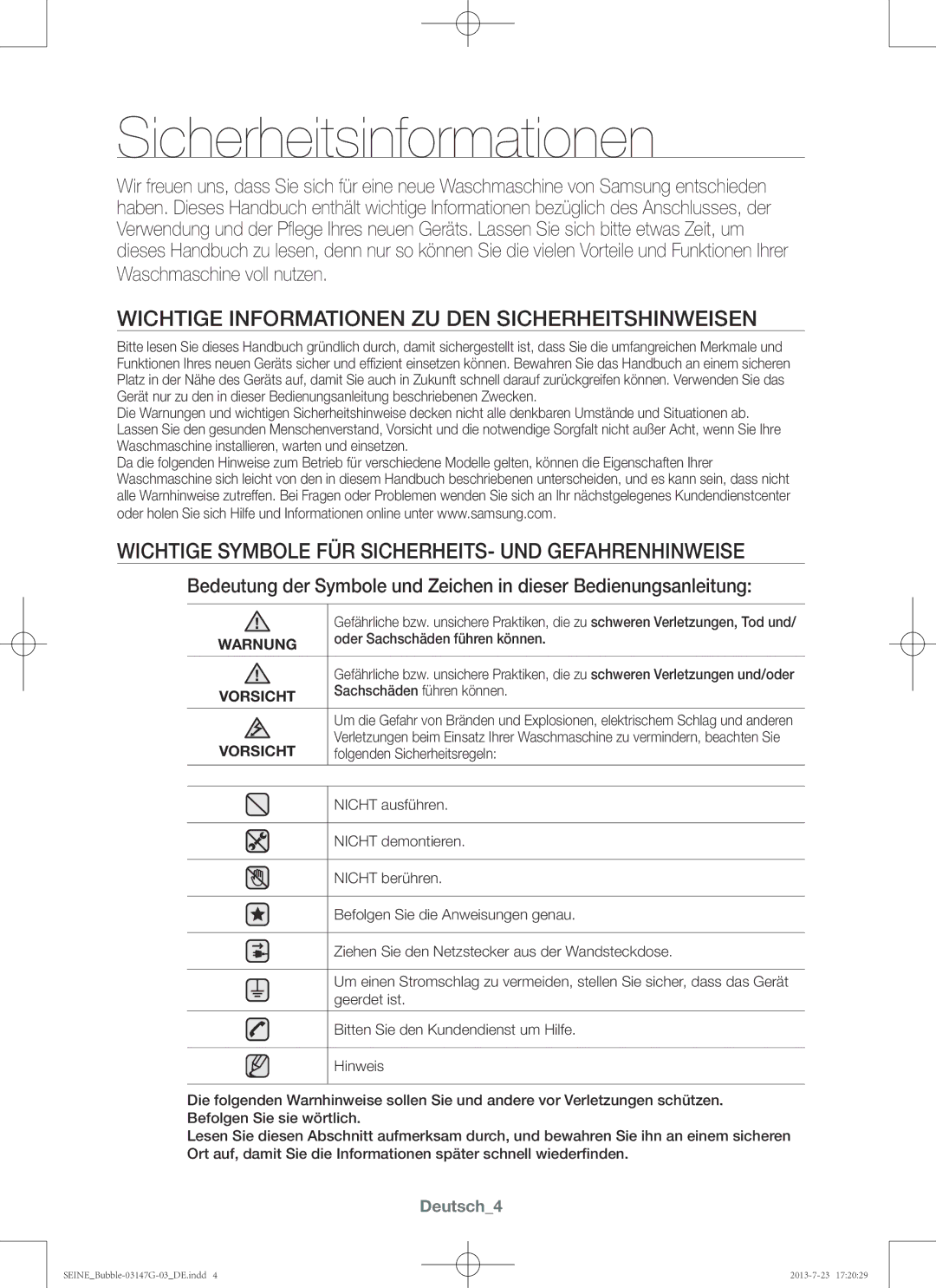 Samsung WF916P4SAWQ/EN manual Sicherheitsinformationen, Wichtige Informationen zu den Sicherheitshinweisen, Deutsch4 