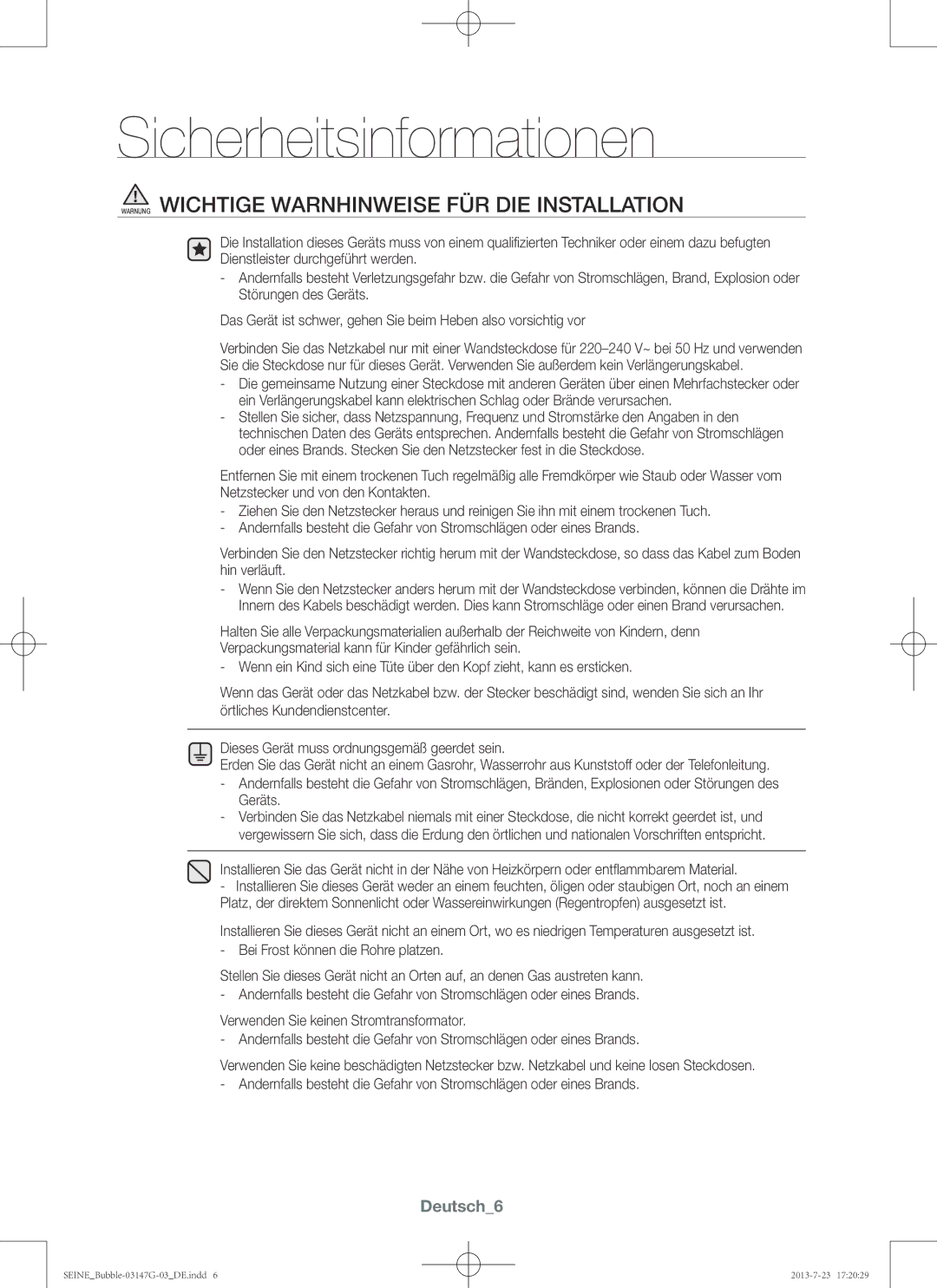 Samsung WF916P4SAWQ/EN, WF816P4SAWQ/EN manual Warnung Wichtige Warnhinweise FÜR DIE Installation, Deutsch6 