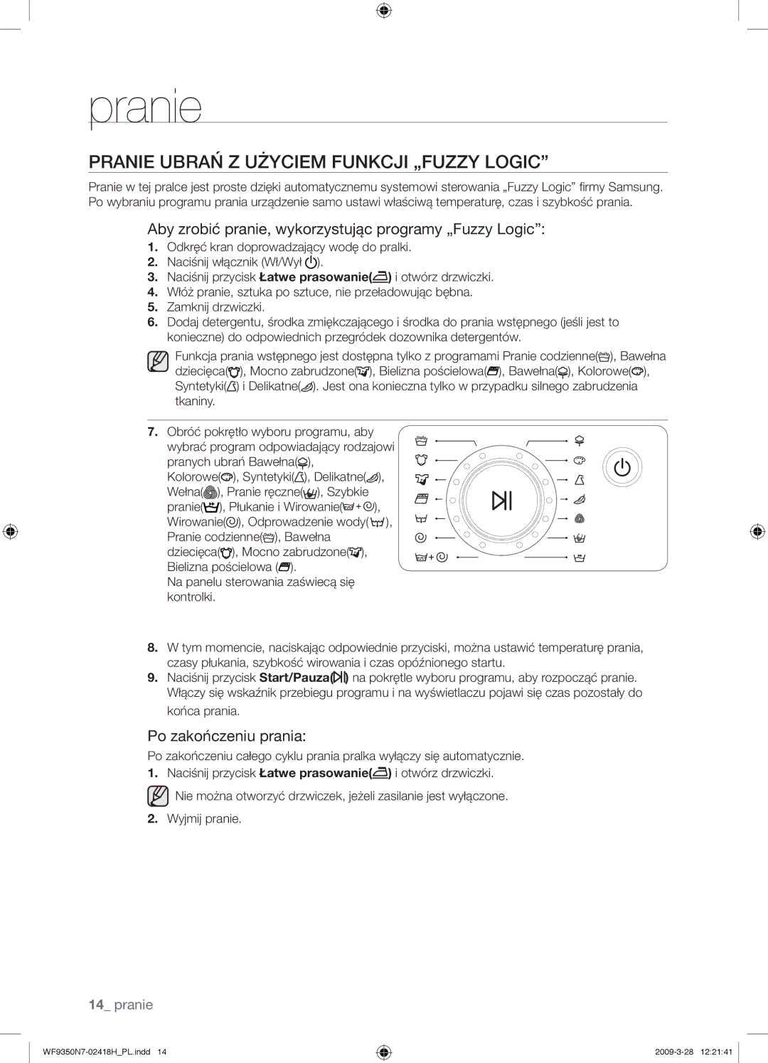 Samsung WF9350N7W/XEO Pranie Ubrań Z Użyciem Funkcji „FUZZY Logic, Aby zrobić pranie, wykorzystując programy „Fuzzy Logic 