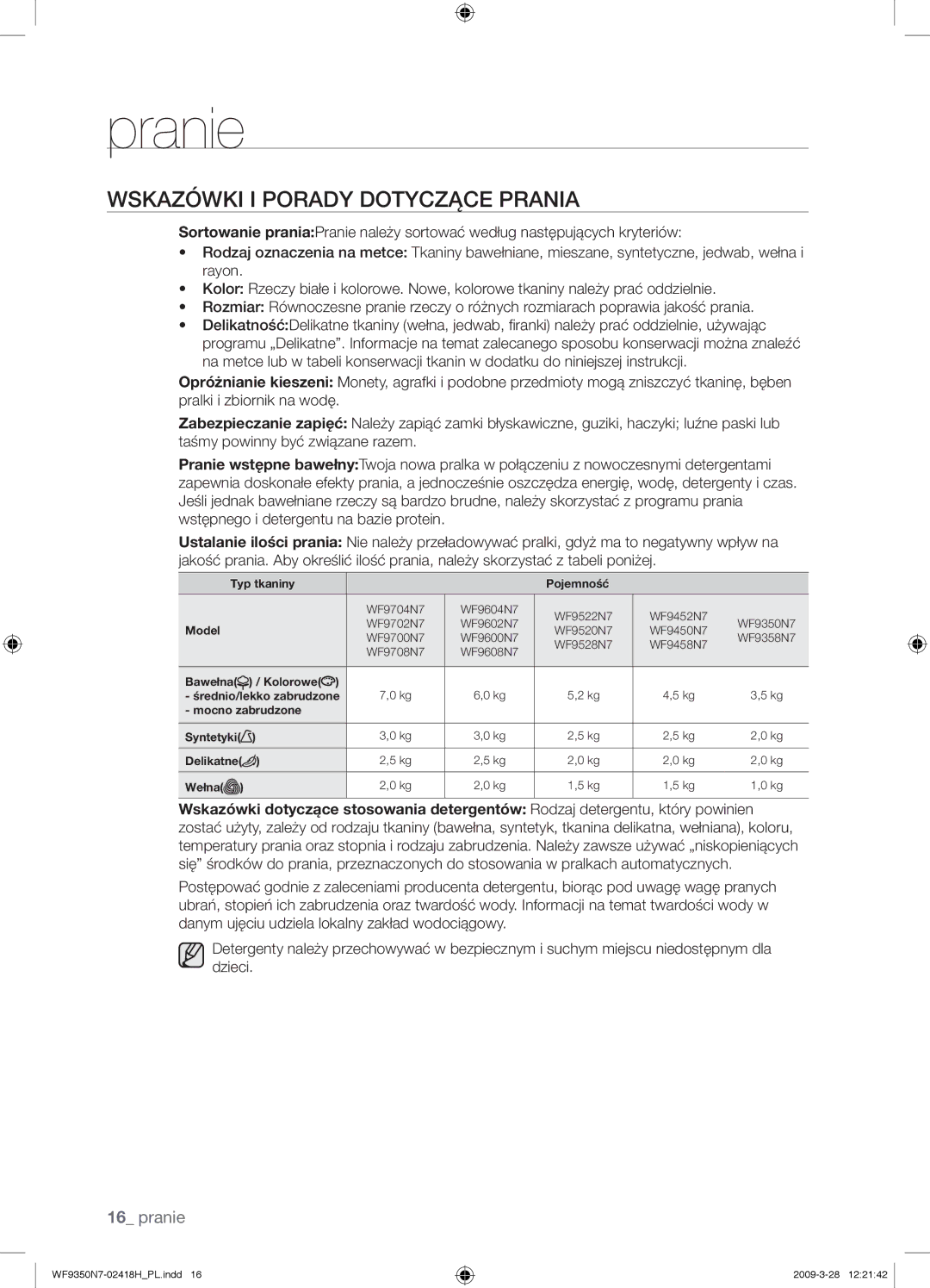 Samsung WF9350N7W/XEO manual Wskazówki I Porady Dotyczące Prania 