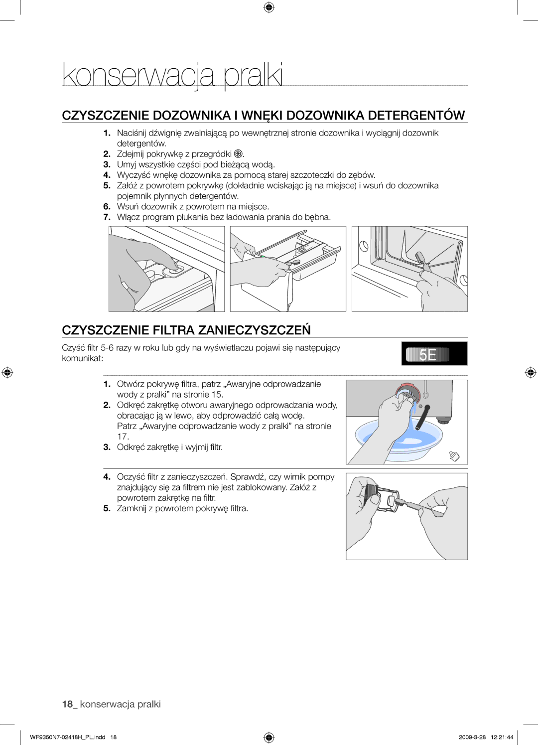 Samsung WF9350N7W/XEO manual Czyszczenie Dozownika I Wnęki Dozownika Detergentów, Czyszczenie Filtra Zanieczyszczeń 