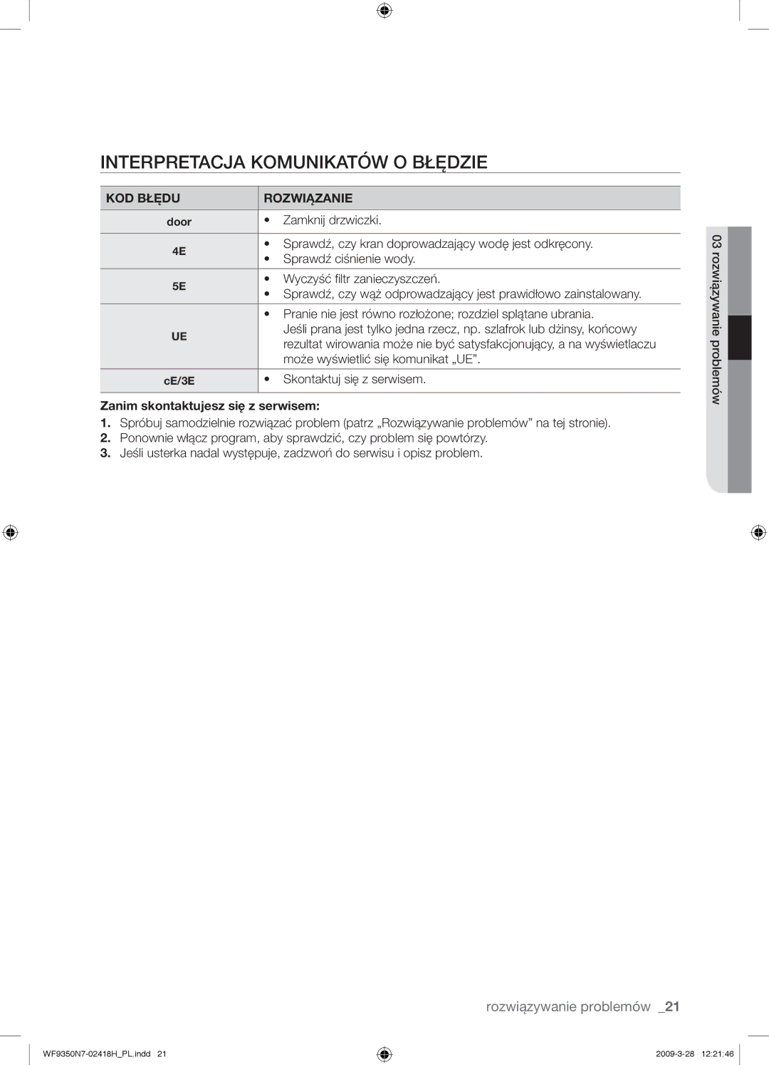 Samsung WF9350N7W/XEO manual Interpretacja Komunikatów O Błędzie, Zanim skontaktujesz się z serwisem 