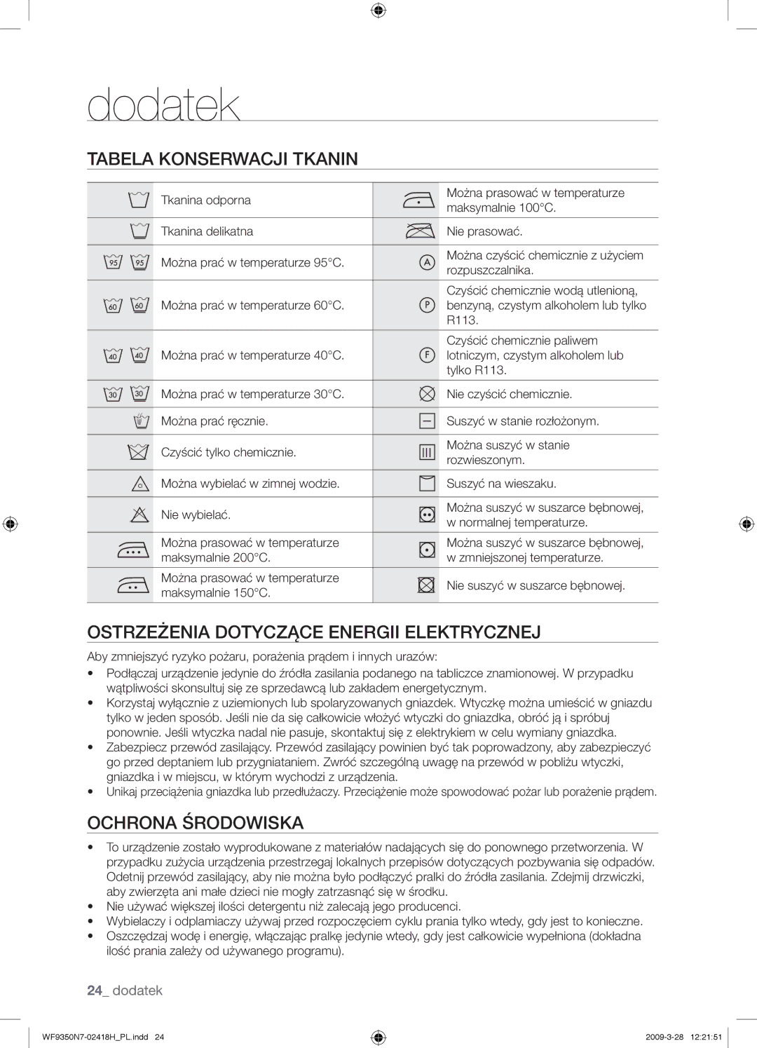 Samsung WF9350N7W/XEO Dodatek, Tabela Konserwacji Tkanin, Ostrzeżenia Dotyczące Energii Elektrycznej, Ochrona Środowiska 