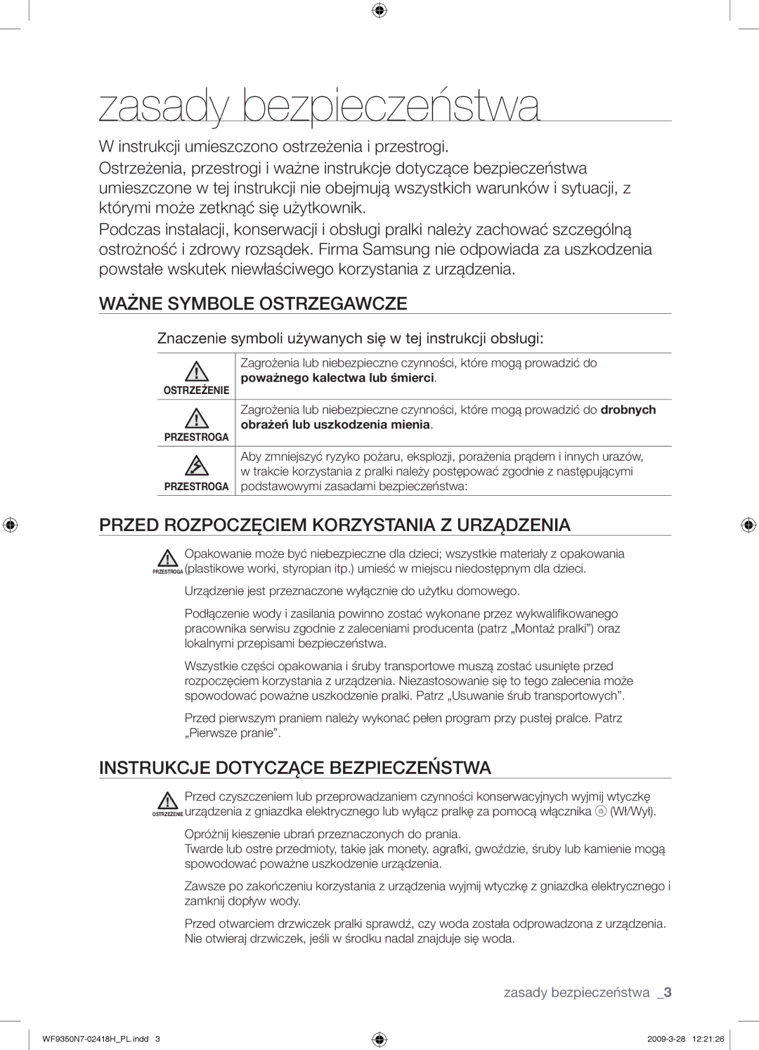 Samsung WF9350N7W/XEO manual Zasady bezpieczeństwa, Ważne Symbole Ostrzegawcze, Przed Rozpoczęciem Korzystania Z Urządzenia 