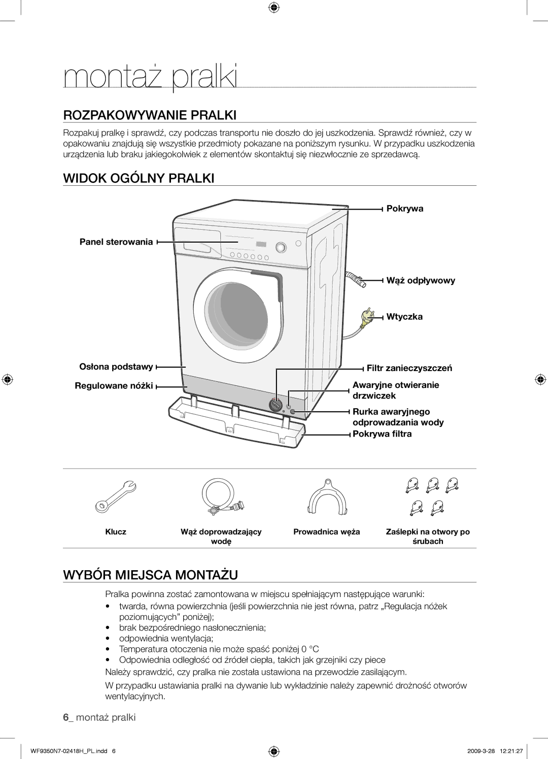 Samsung WF9350N7W/XEO manual Montaż pralki, Rozpakowywanie Pralki, Widok Ogólny Pralki, Wybór Miejsca Montażu 