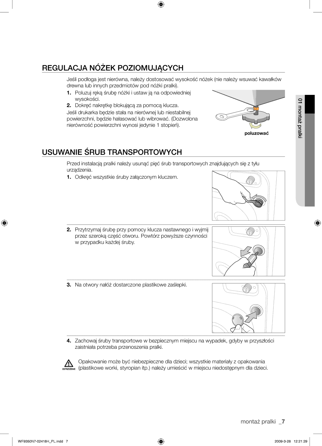 Samsung WF9350N7W/XEO manual Regulacja Nóżek Poziomujących, Usuwanie Śrub Transportowych 