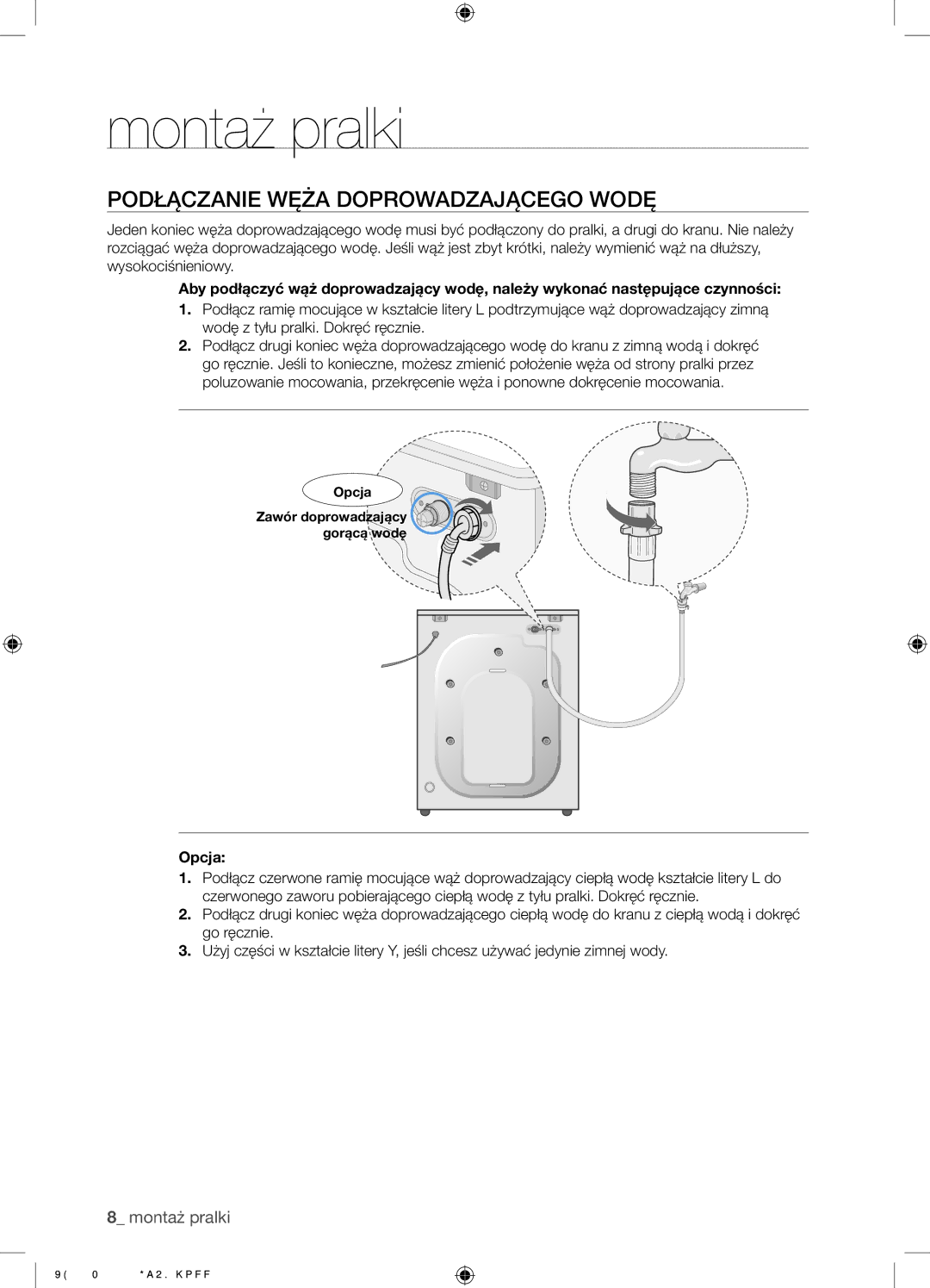 Samsung WF9350N7W/XEO manual Podłączanie Węża Doprowadzającego Wodę, Opcja 