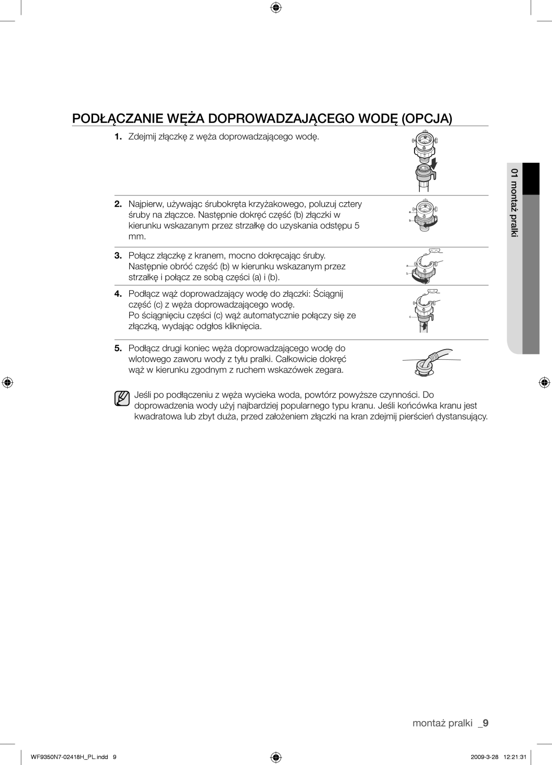 Samsung WF9350N7W/XEO manual Podłączanie Węża Doprowadzającego Wodę Opcja 