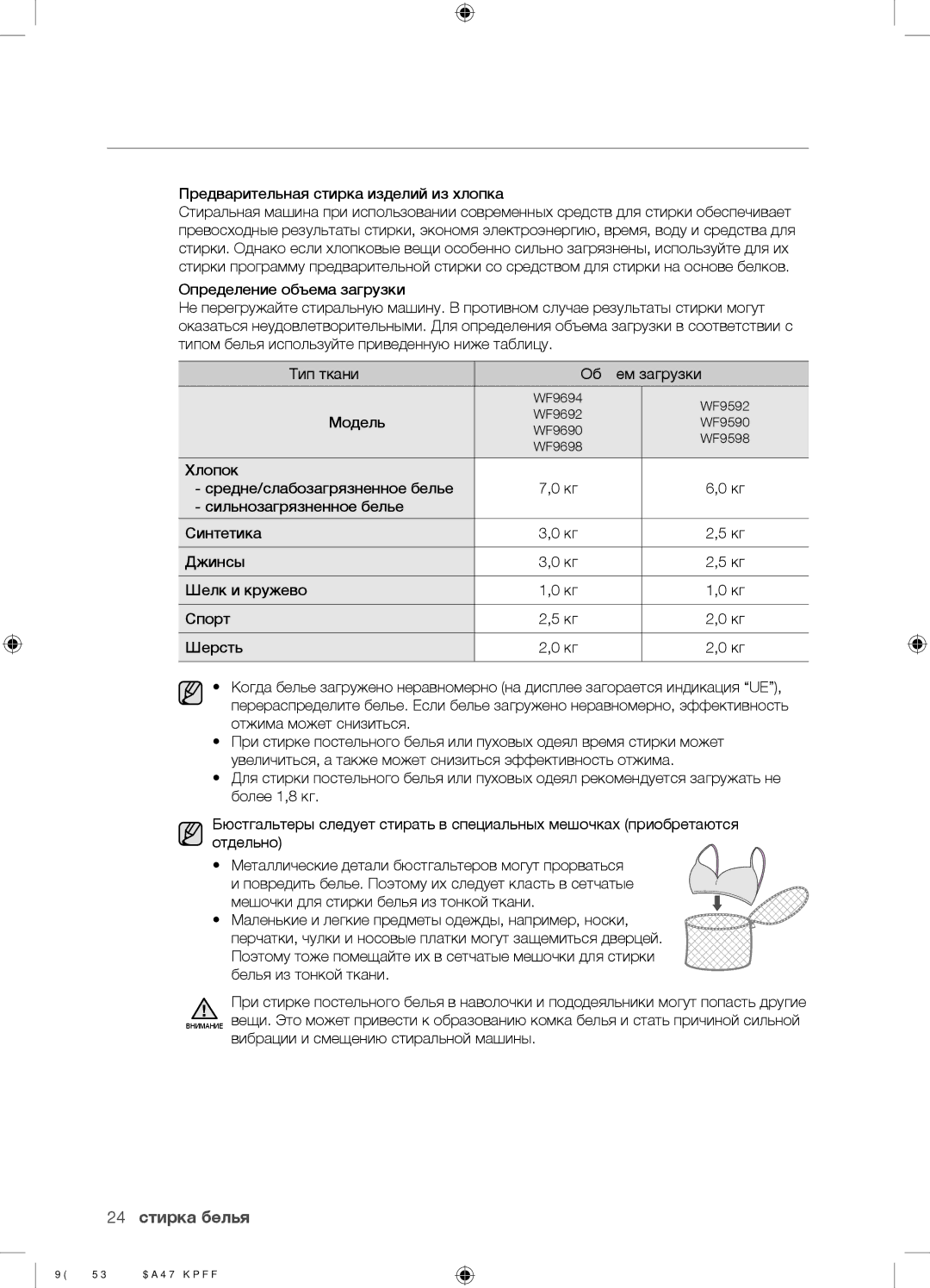 Samsung WF9692SQR/YLP, WF9592GQB/YLP, WF9690NRW/YLP manual 24 стирка белья, Предварительная стирка изделий из хлопка, Модель 