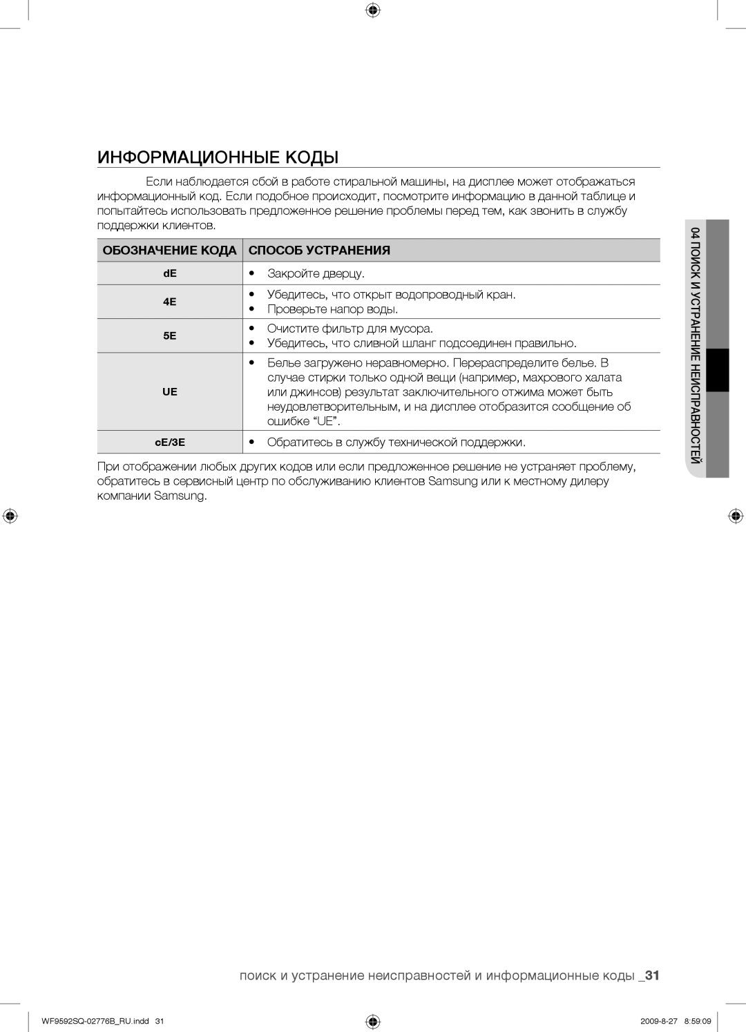 Samsung WF9692SQR/YLP, WF9592GQB/YLP manual Информационные Коды, Поиск и устранение неисправностей и информационные коды 