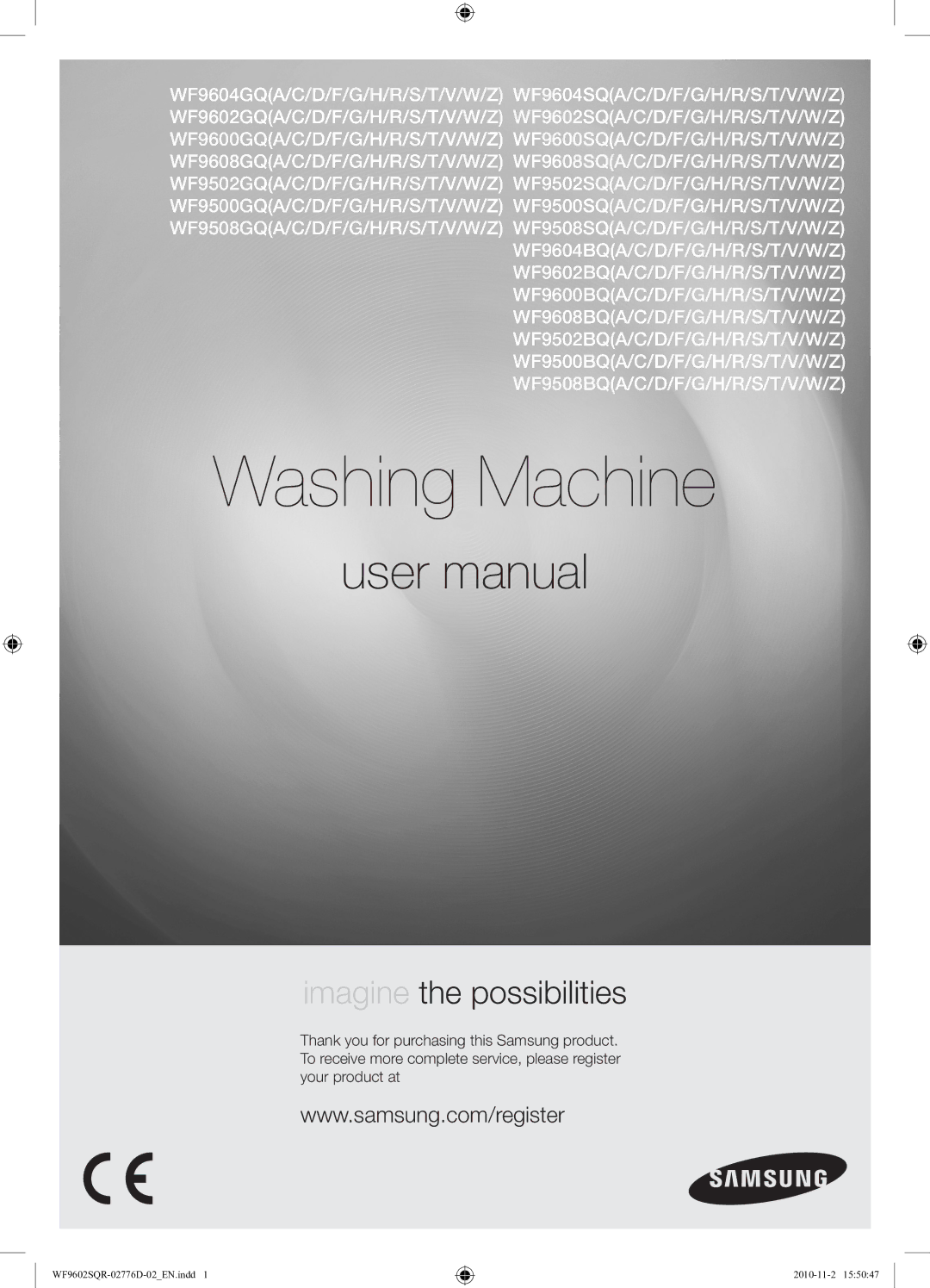 Samsung WF9602SQR/XEH manual Washing Machine 