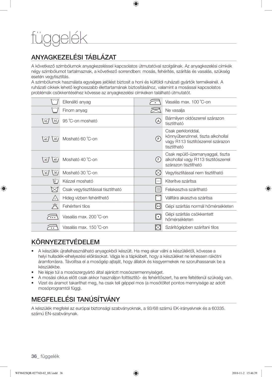 Samsung WF9602SQR/XEH manual Függelék, Anyagkezelési Táblázat, Környezetvédelem, Megfelelési Tanúsítvány 