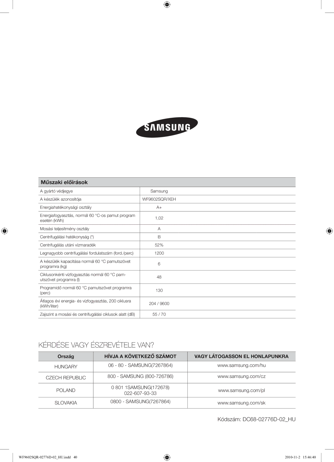 Samsung WF9602SQR/XEH manual Kérdése Vagy Észrevétele VAN? 