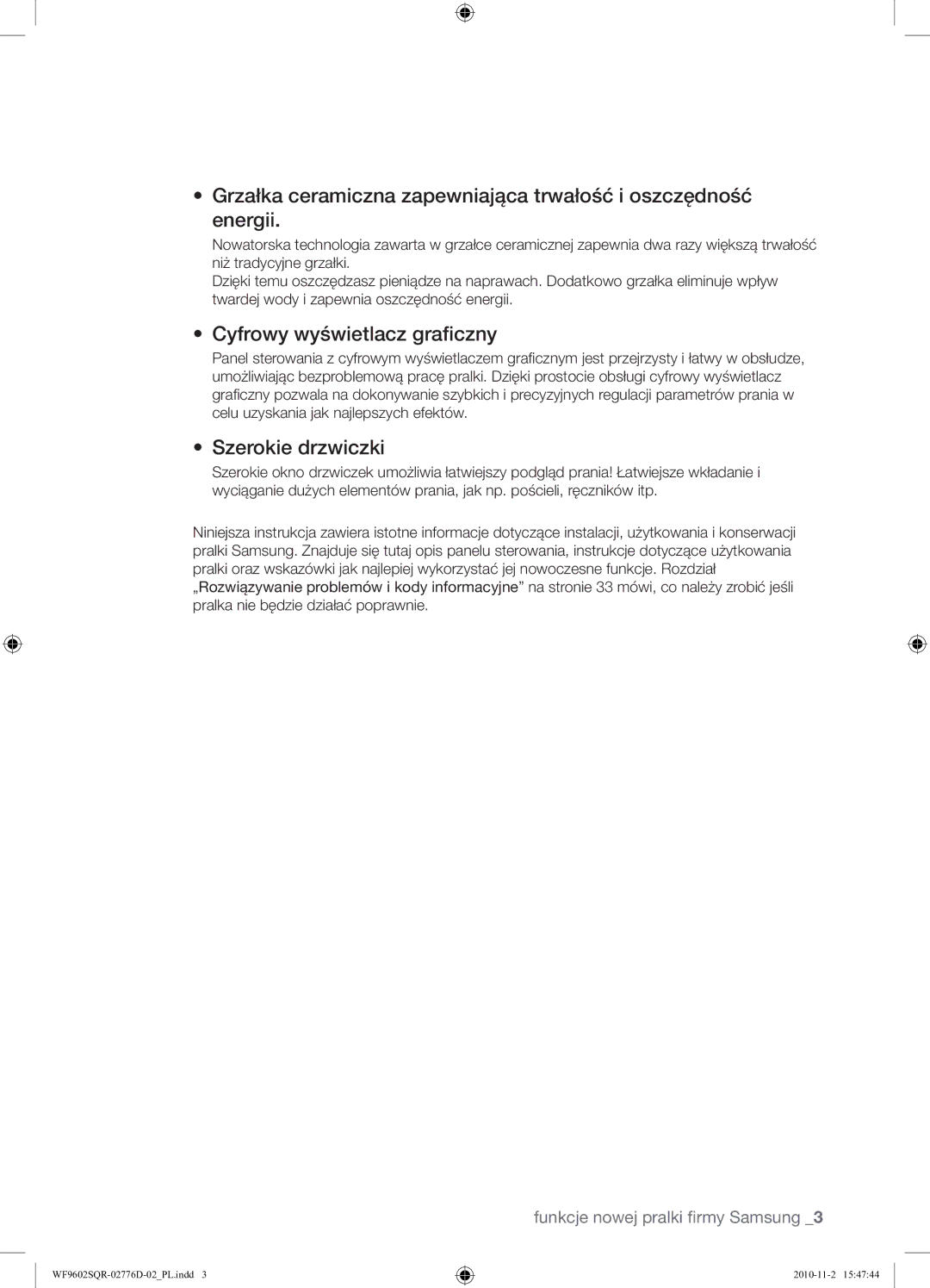 Samsung WF9602SQR/XEH manual Cyfrowy wyświetlacz graficzny, Szerokie drzwiczki 