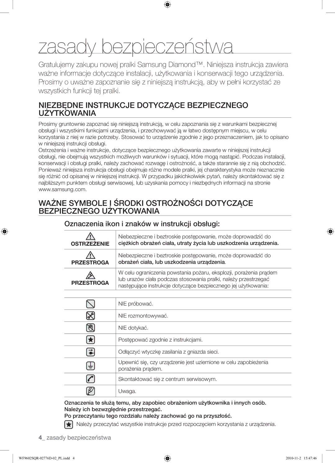 Samsung WF9602SQR/XEH manual Zasady bezpieczeństwa, Niezbędne Instrukcje Dotyczące Bezpiecznego Użytkowania, Ostrzeżenie 